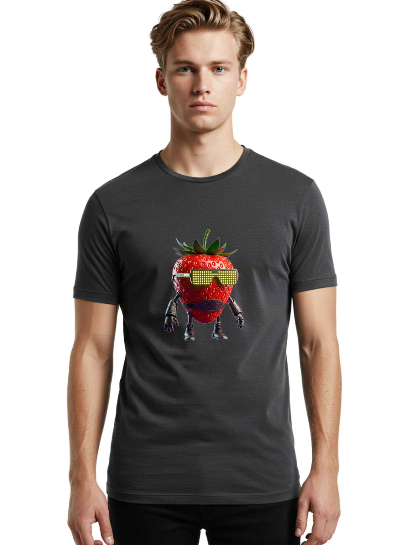 Strawberry-Robot Men'S Graphic Tee, 100% Cotton, Comfortable Casual Summer Wear, Machine Washable, Strawberry Robot, Futuristic Design, Cybernetic Enhancements, Led Glasses, Robotic Limbs, Strawberry Character, Digital Art, Bac483
