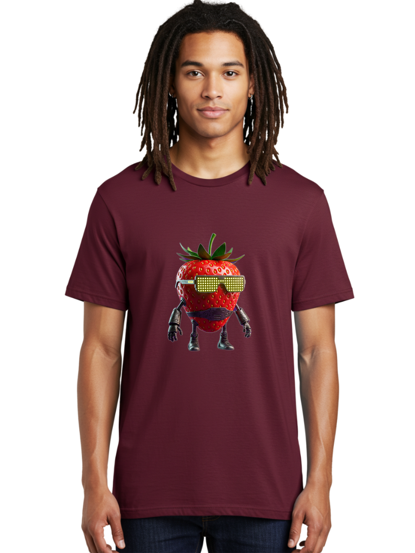 Strawberry-Robot Men'S Graphic Tee, 100% Cotton, Comfortable Casual Summer Wear, Machine Washable, Strawberry Robot, Futuristic Design, Cybernetic Enhancements, Led Glasses, Robotic Limbs, Strawberry Character, Digital Art, Bac483