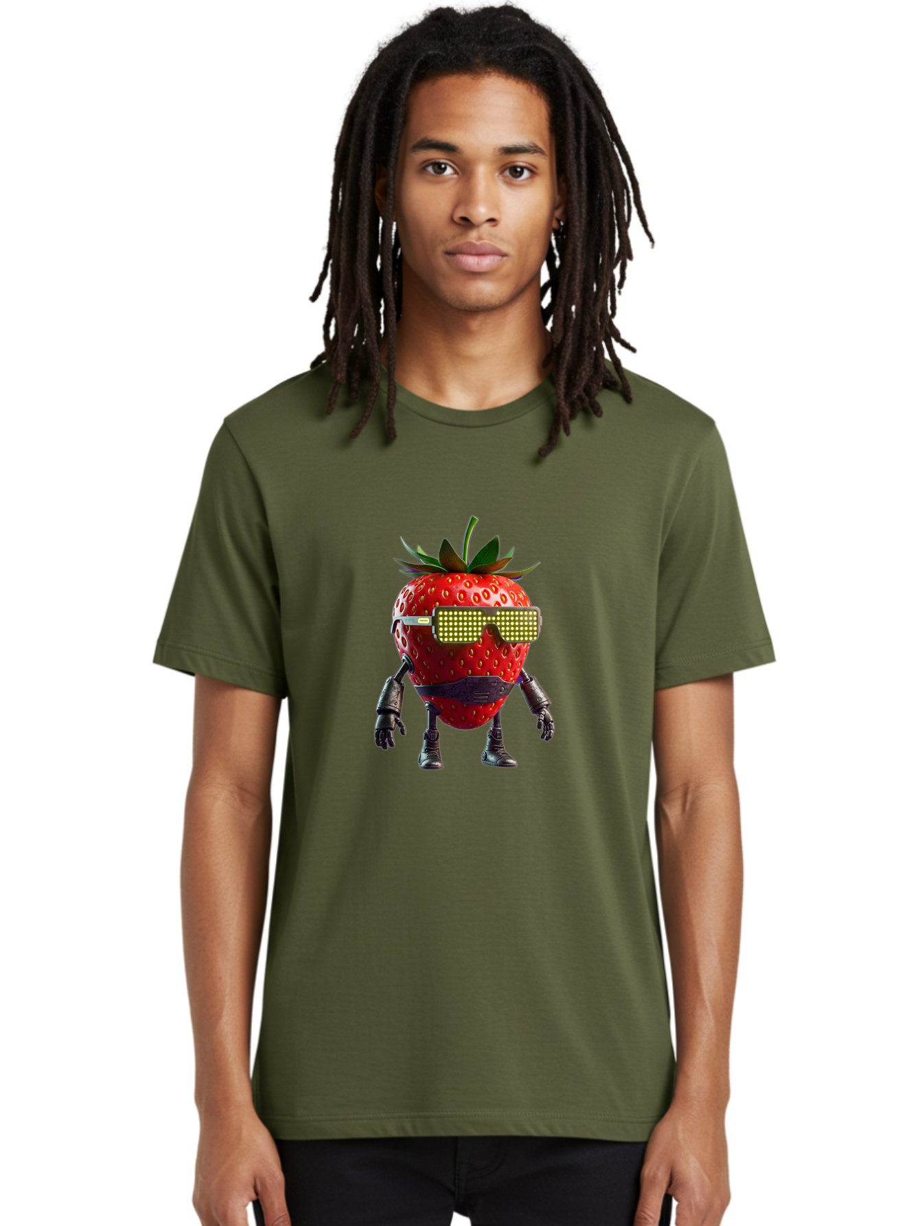 Strawberry-Robot Men'S Graphic Tee, 100% Cotton, Comfortable Casual Summer Wear, Machine Washable, Strawberry Robot, Futuristic Design, Cybernetic Enhancements, Led Glasses, Robotic Limbs, Strawberry Character, Digital Art, Bac483