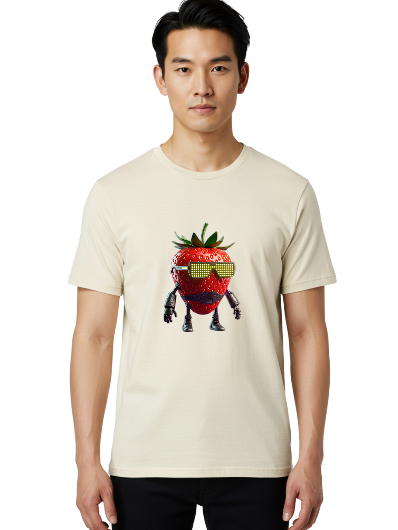 Strawberry-Robot Men'S Graphic Tee, 100% Cotton, Comfortable Casual Summer Wear, Machine Washable, Strawberry Robot, Futuristic Design, Cybernetic Enhancements, Led Glasses, Robotic Limbs, Strawberry Character, Digital Art, Bac483