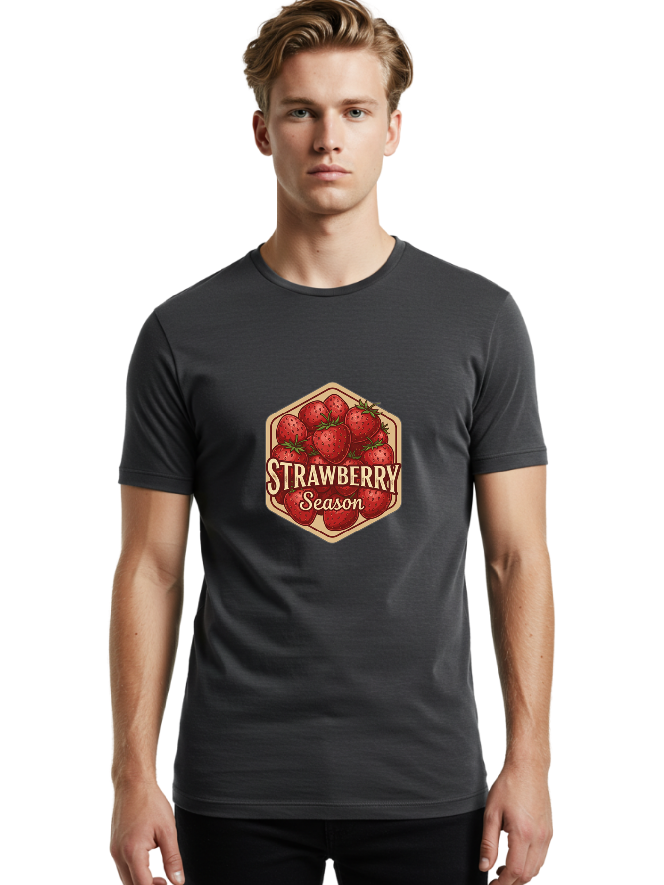 Strawberry-Season Men'S Graphic Tee, 100% Cotton, Comfortable Casual Summer Wear, Machine Washable, Strawberries, Strawberry Season, Fresh Fruit, Juicy Strawberries, Sweet Treats, Seasonal Produce, Summer Fruits, Vintage Label, Vintage Style Bac484