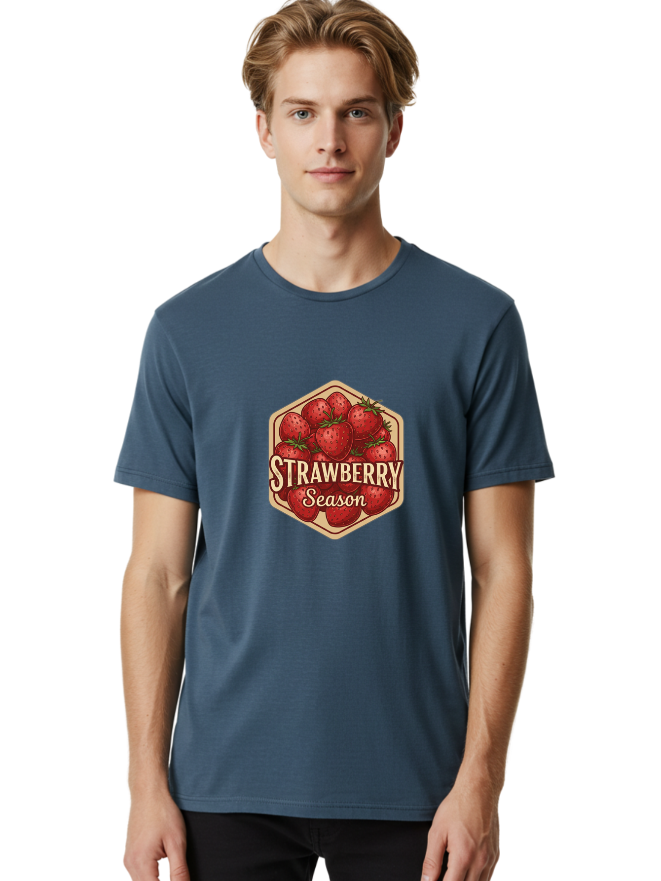 Strawberry-Season Men'S Graphic Tee, 100% Cotton, Comfortable Casual Summer Wear, Machine Washable, Strawberries, Strawberry Season, Fresh Fruit, Juicy Strawberries, Sweet Treats, Seasonal Produce, Summer Fruits, Vintage Label, Vintage Style Bac484