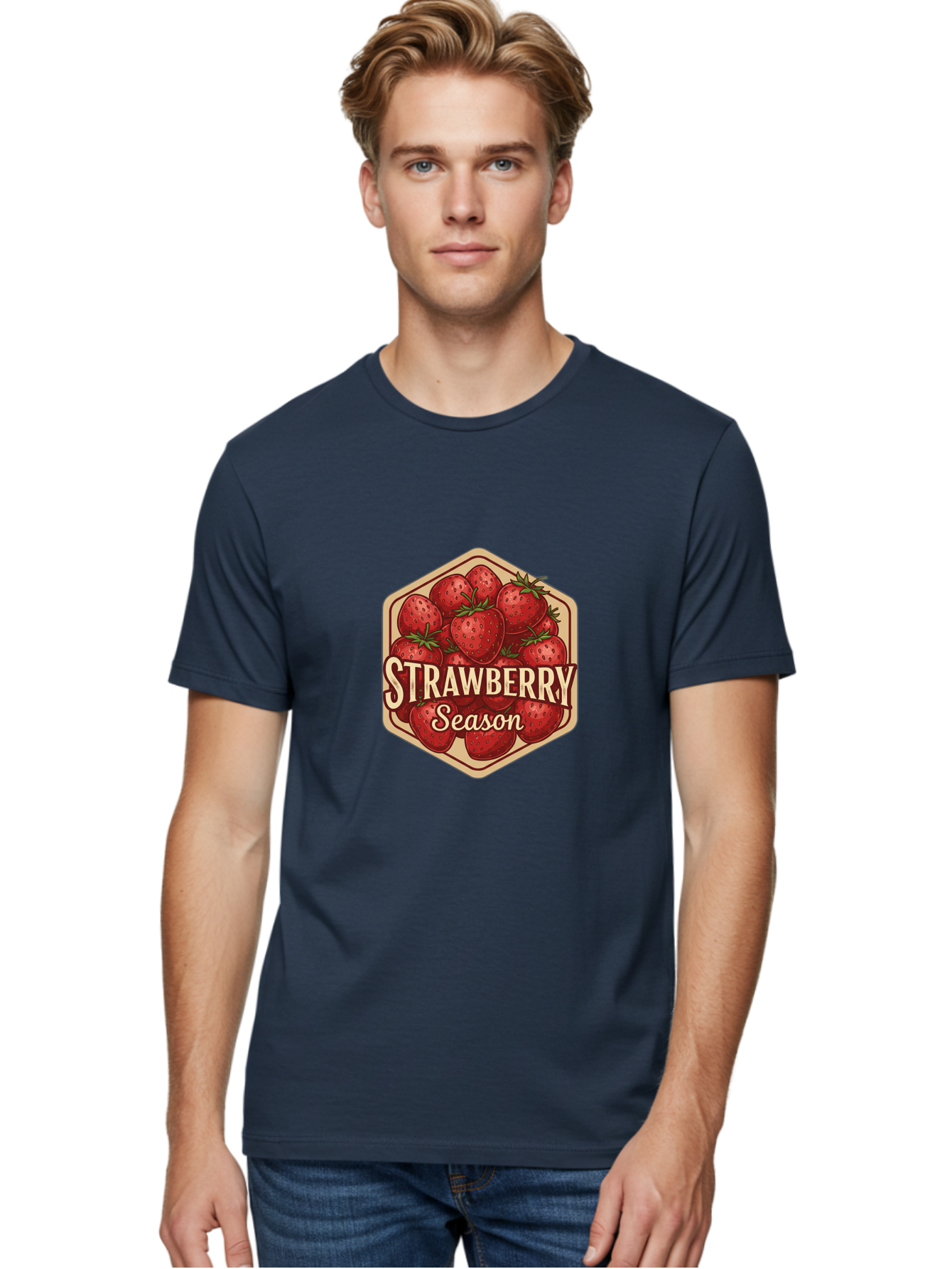 Strawberry-Season Men'S Graphic Tee, 100% Cotton, Comfortable Casual Summer Wear, Machine Washable, Strawberries, Strawberry Season, Fresh Fruit, Juicy Strawberries, Sweet Treats, Seasonal Produce, Summer Fruits, Vintage Label, Vintage Style Bac484