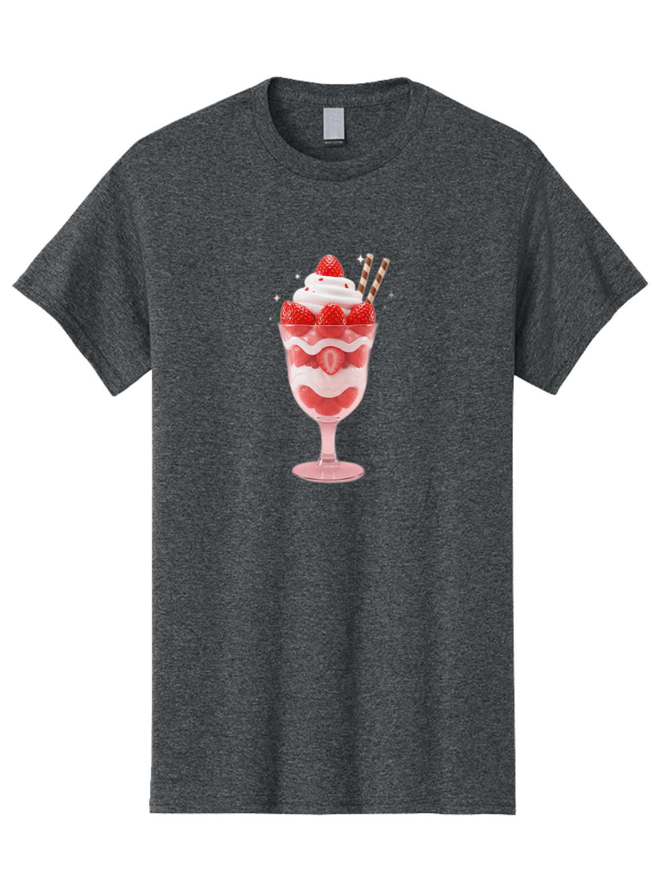 Strawberry-Sundae Men'S Graphic Tee, 100% Cotton, Comfortable Casual Summer Wear, Machine Washable, Strawberry Dessert, Sweet Treat, Layered Parfait, Whipped Cream Topping, Fresh Strawberries, Red And White Colors, Striped Straws, Bac485