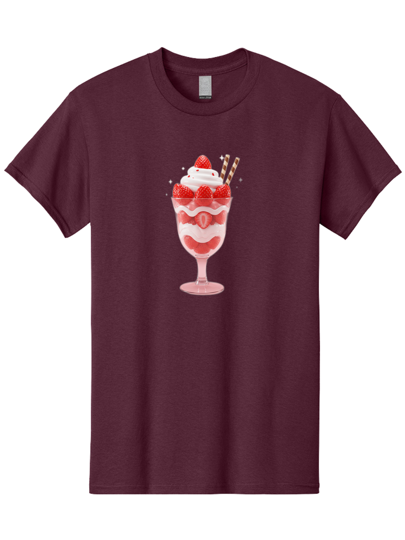 Strawberry-Sundae Men'S Graphic Tee, 100% Cotton, Comfortable Casual Summer Wear, Machine Washable, Strawberry Dessert, Sweet Treat, Layered Parfait, Whipped Cream Topping, Fresh Strawberries, Red And White Colors, Striped Straws, Bac485