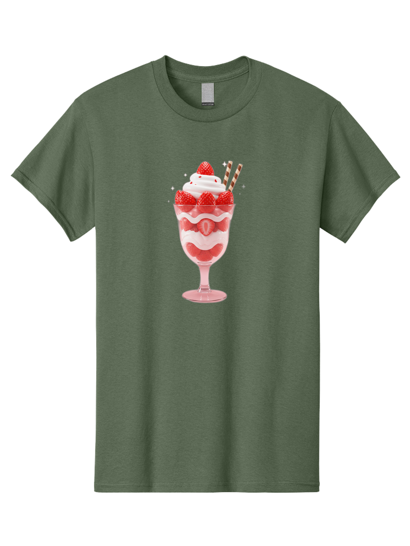 Strawberry-Sundae Men'S Graphic Tee, 100% Cotton, Comfortable Casual Summer Wear, Machine Washable, Strawberry Dessert, Sweet Treat, Layered Parfait, Whipped Cream Topping, Fresh Strawberries, Red And White Colors, Striped Straws, Bac485