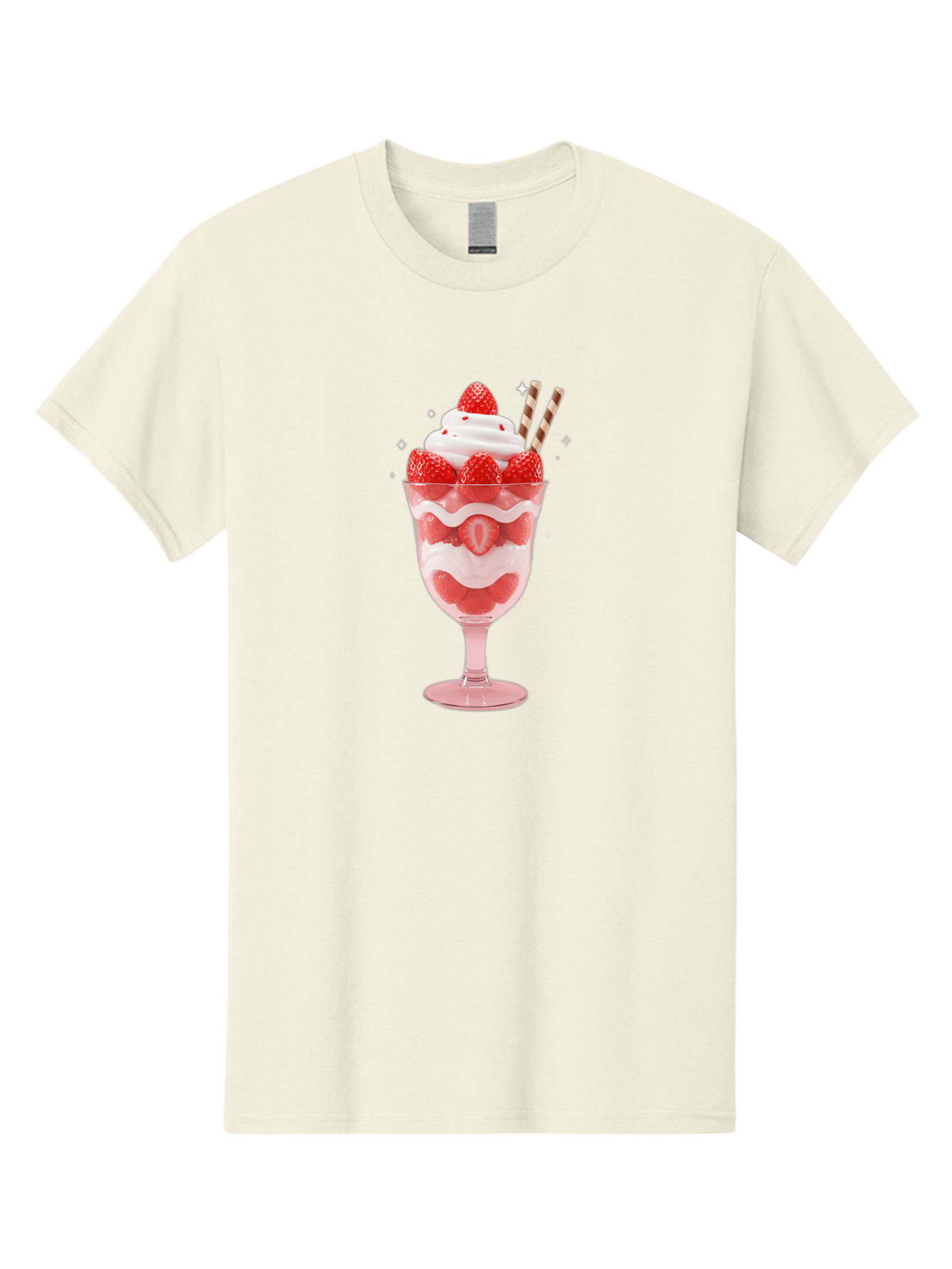 Strawberry-Sundae Men'S Graphic Tee, 100% Cotton, Comfortable Casual Summer Wear, Machine Washable, Strawberry Dessert, Sweet Treat, Layered Parfait, Whipped Cream Topping, Fresh Strawberries, Red And White Colors, Striped Straws, Bac485