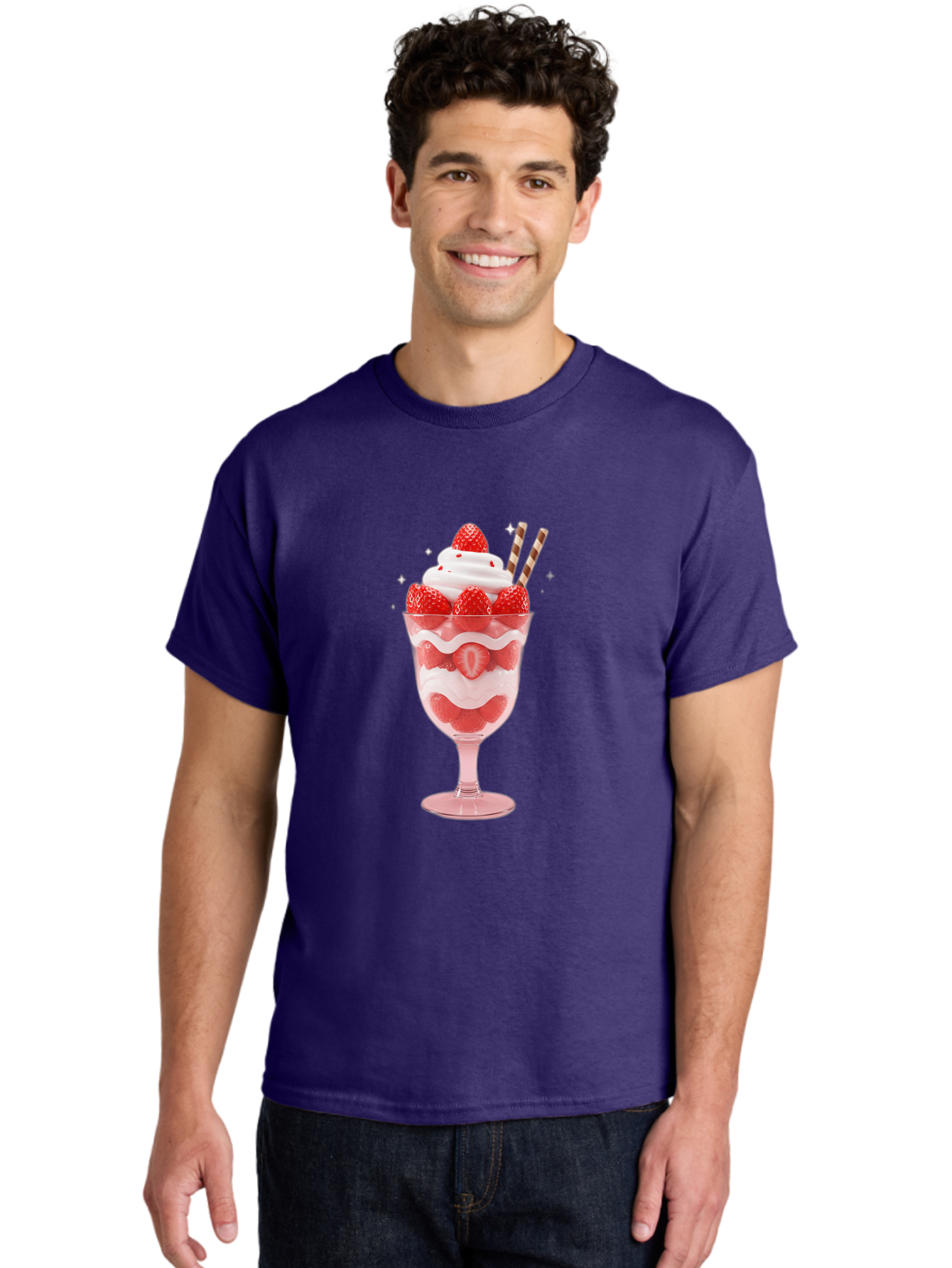 Strawberry-Sundae Men'S Graphic Tee, 100% Cotton, Comfortable Casual Summer Wear, Machine Washable, Strawberry Dessert, Sweet Treat, Layered Parfait, Whipped Cream Topping, Fresh Strawberries, Red And White Colors, Striped Straws, Bac485