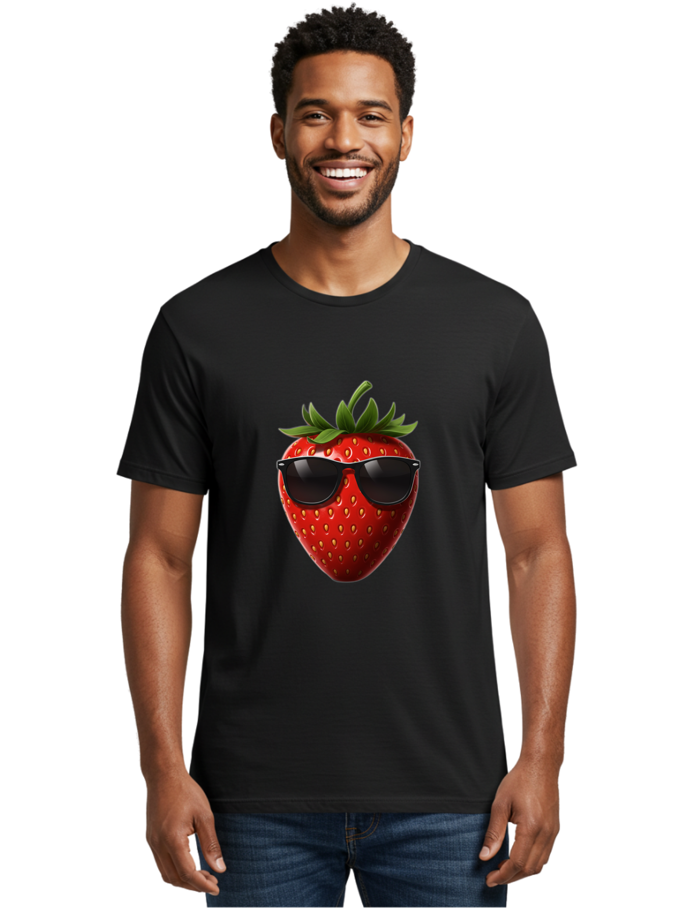 Strawberry-Sunglasses-1 Men'S Graphic Tee, 100% Cotton, Comfortable Casual Summer Wear, Machine Washable, Strawberry Wearing Sunglasses, Cool Fruit, Funny Illustration, Trendy Design, Summer Vibes, Red Strawberry, Sunglasses Style, Bac486