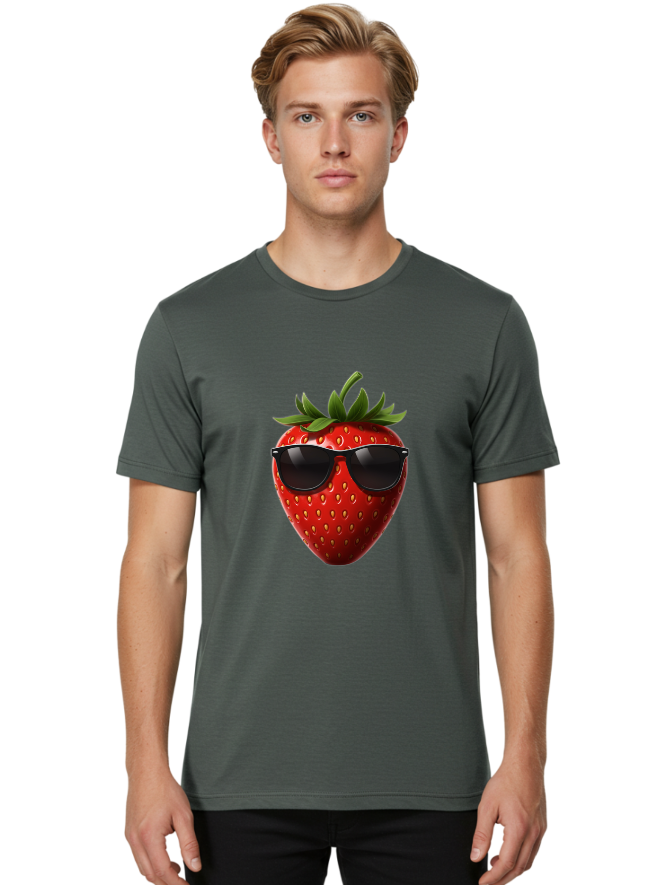 Strawberry-Sunglasses-1 Men'S Graphic Tee, 100% Cotton, Comfortable Casual Summer Wear, Machine Washable, Strawberry Wearing Sunglasses, Cool Fruit, Funny Illustration, Trendy Design, Summer Vibes, Red Strawberry, Sunglasses Style, Bac486