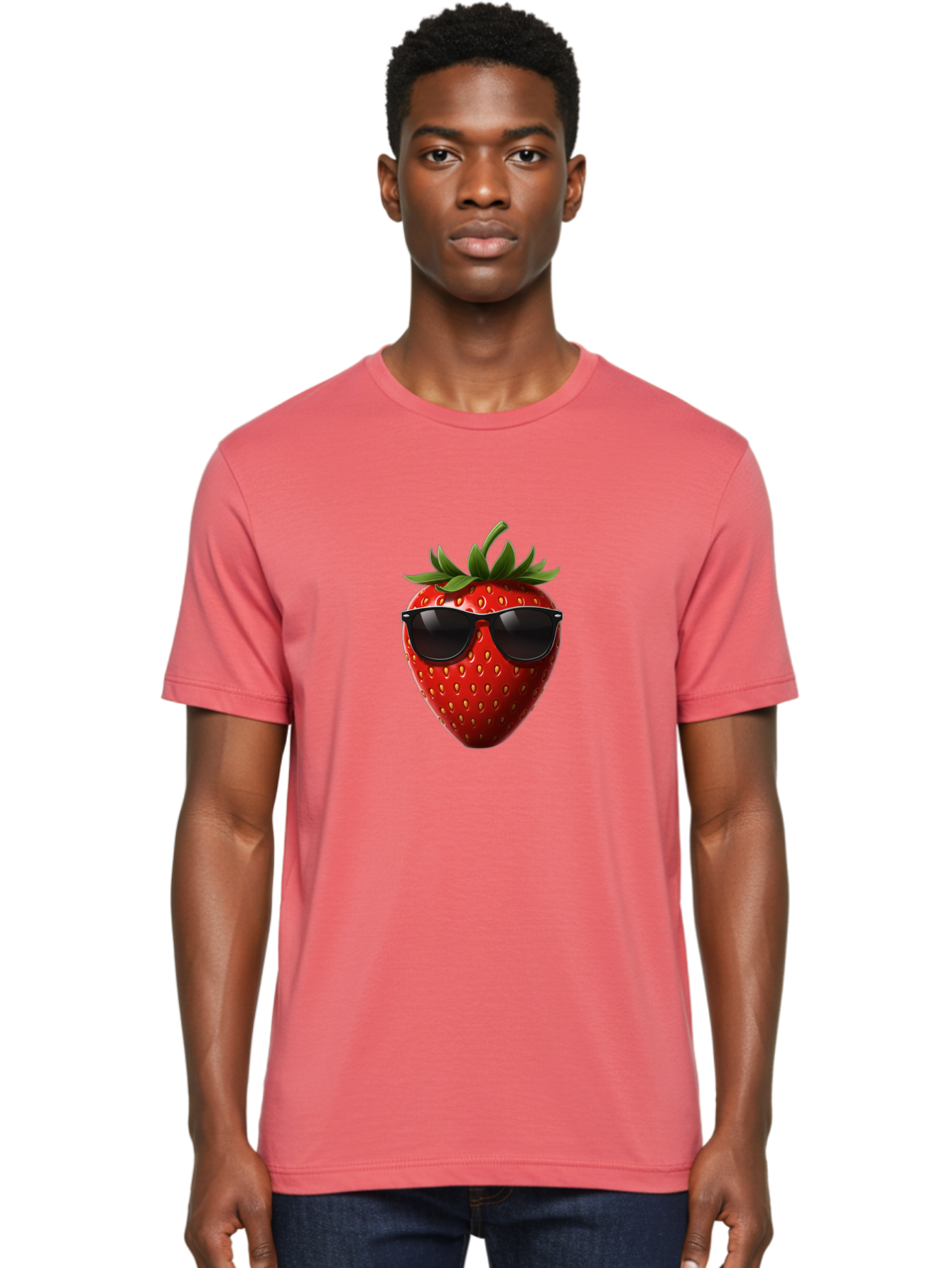 Strawberry-Sunglasses-1 Men'S Graphic Tee, 100% Cotton, Comfortable Casual Summer Wear, Machine Washable, Strawberry Wearing Sunglasses, Cool Fruit, Funny Illustration, Trendy Design, Summer Vibes, Red Strawberry, Sunglasses Style, Bac486