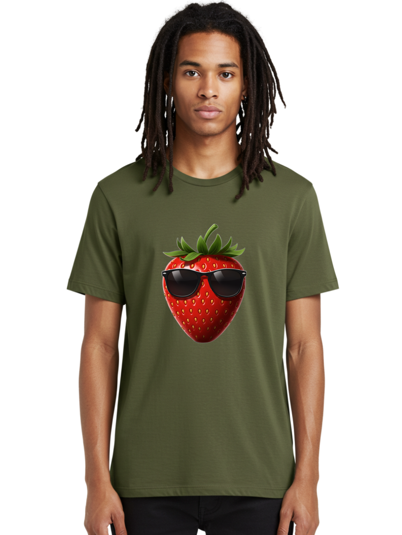 Strawberry-Sunglasses-1 Men'S Graphic Tee, 100% Cotton, Comfortable Casual Summer Wear, Machine Washable, Strawberry Wearing Sunglasses, Cool Fruit, Funny Illustration, Trendy Design, Summer Vibes, Red Strawberry, Sunglasses Style, Bac486