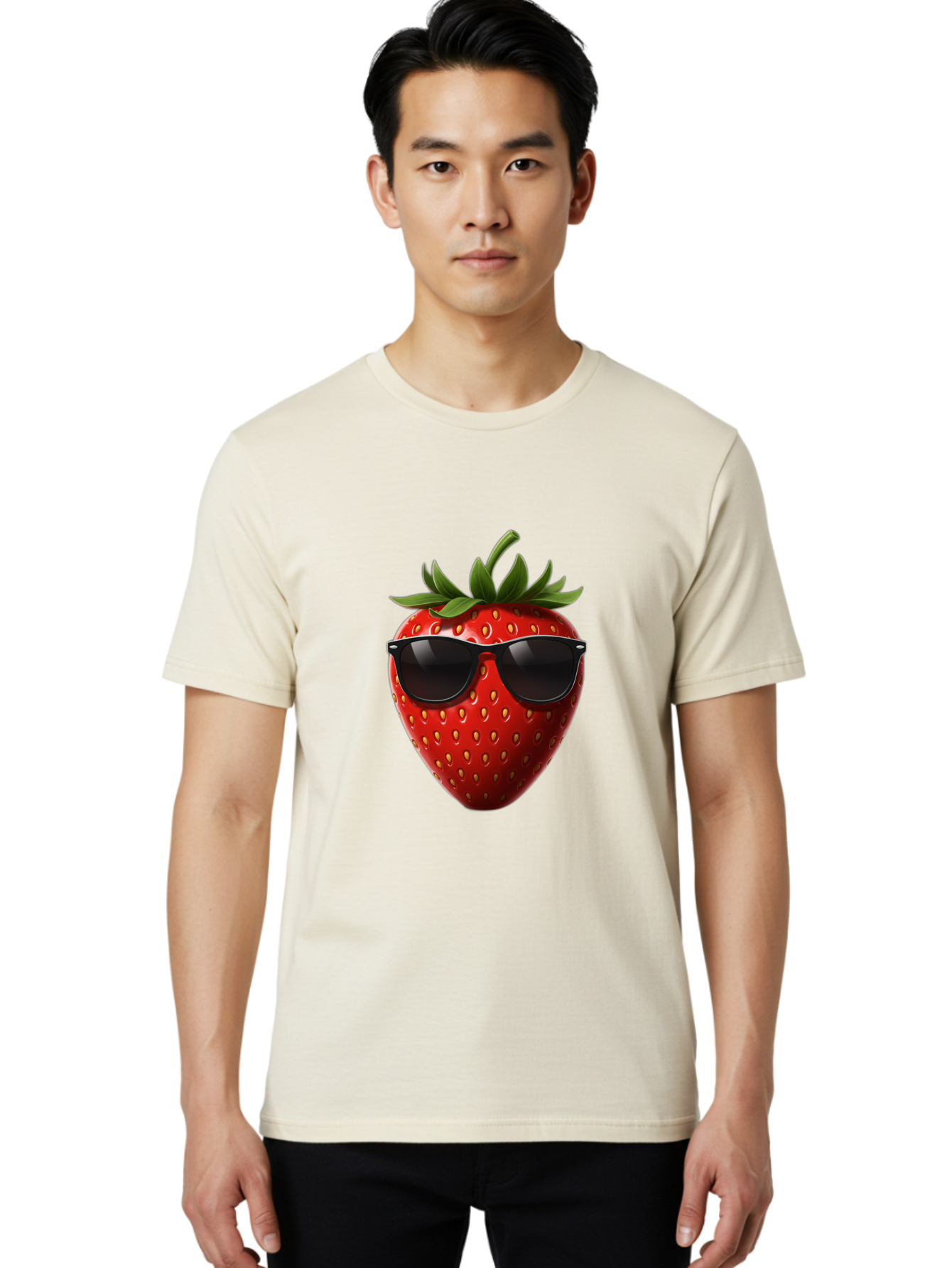 Strawberry-Sunglasses-1 Men'S Graphic Tee, 100% Cotton, Comfortable Casual Summer Wear, Machine Washable, Strawberry Wearing Sunglasses, Cool Fruit, Funny Illustration, Trendy Design, Summer Vibes, Red Strawberry, Sunglasses Style, Bac486