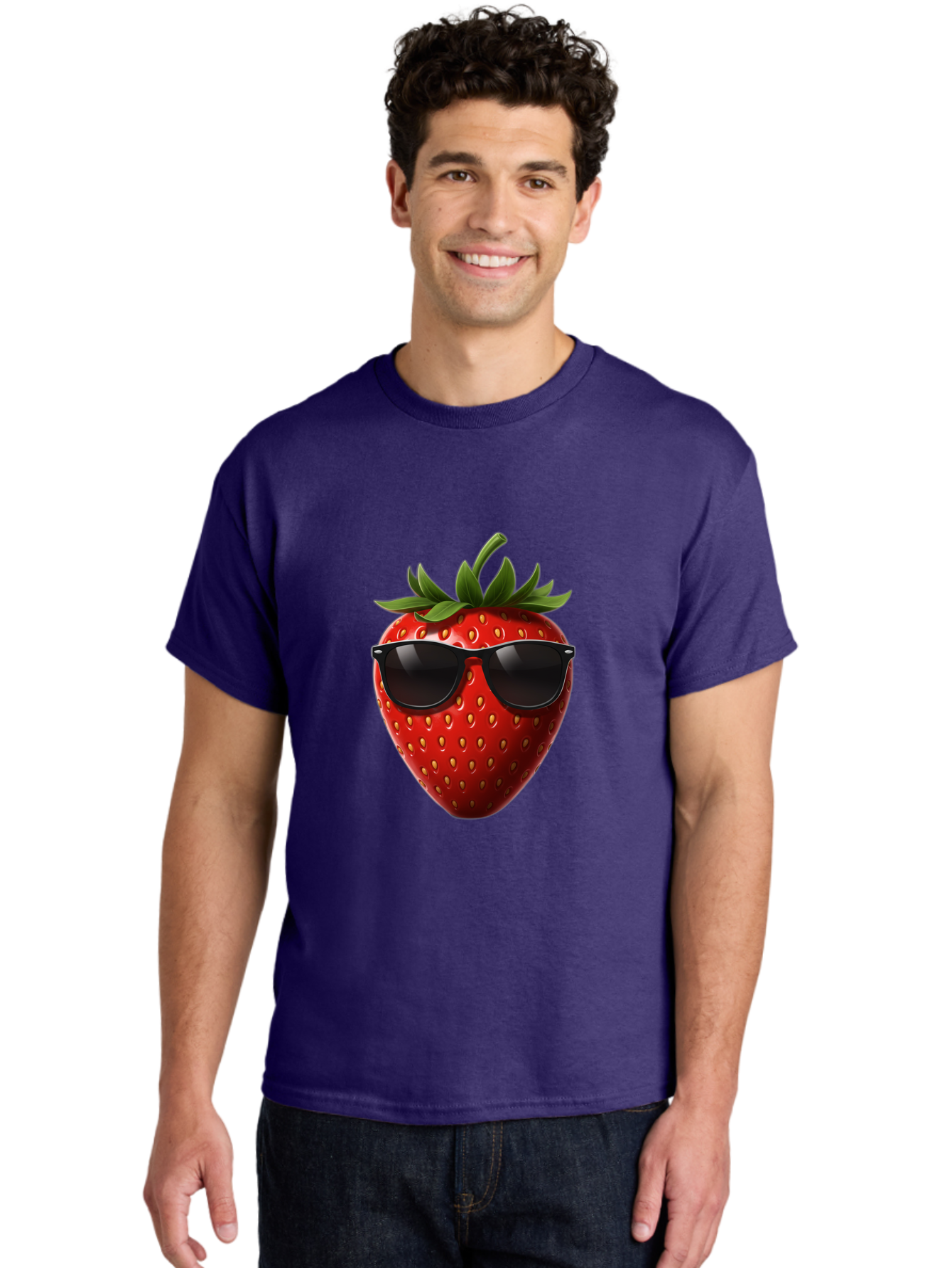 Strawberry-Sunglasses-1 Men'S Graphic Tee, 100% Cotton, Comfortable Casual Summer Wear, Machine Washable, Strawberry Wearing Sunglasses, Cool Fruit, Funny Illustration, Trendy Design, Summer Vibes, Red Strawberry, Sunglasses Style, Bac486