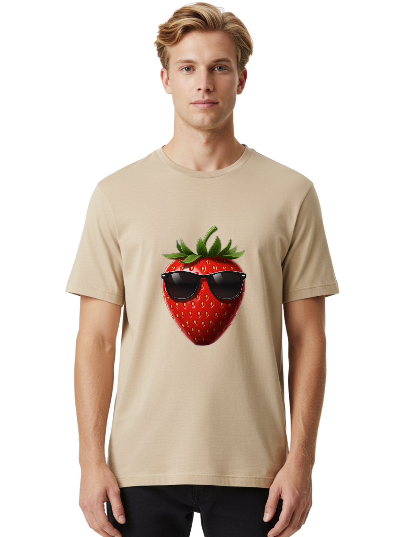 Strawberry-Sunglasses-1 Men'S Graphic Tee, 100% Cotton, Comfortable Casual Summer Wear, Machine Washable, Strawberry Wearing Sunglasses, Cool Fruit, Funny Illustration, Trendy Design, Summer Vibes, Red Strawberry, Sunglasses Style, Bac486