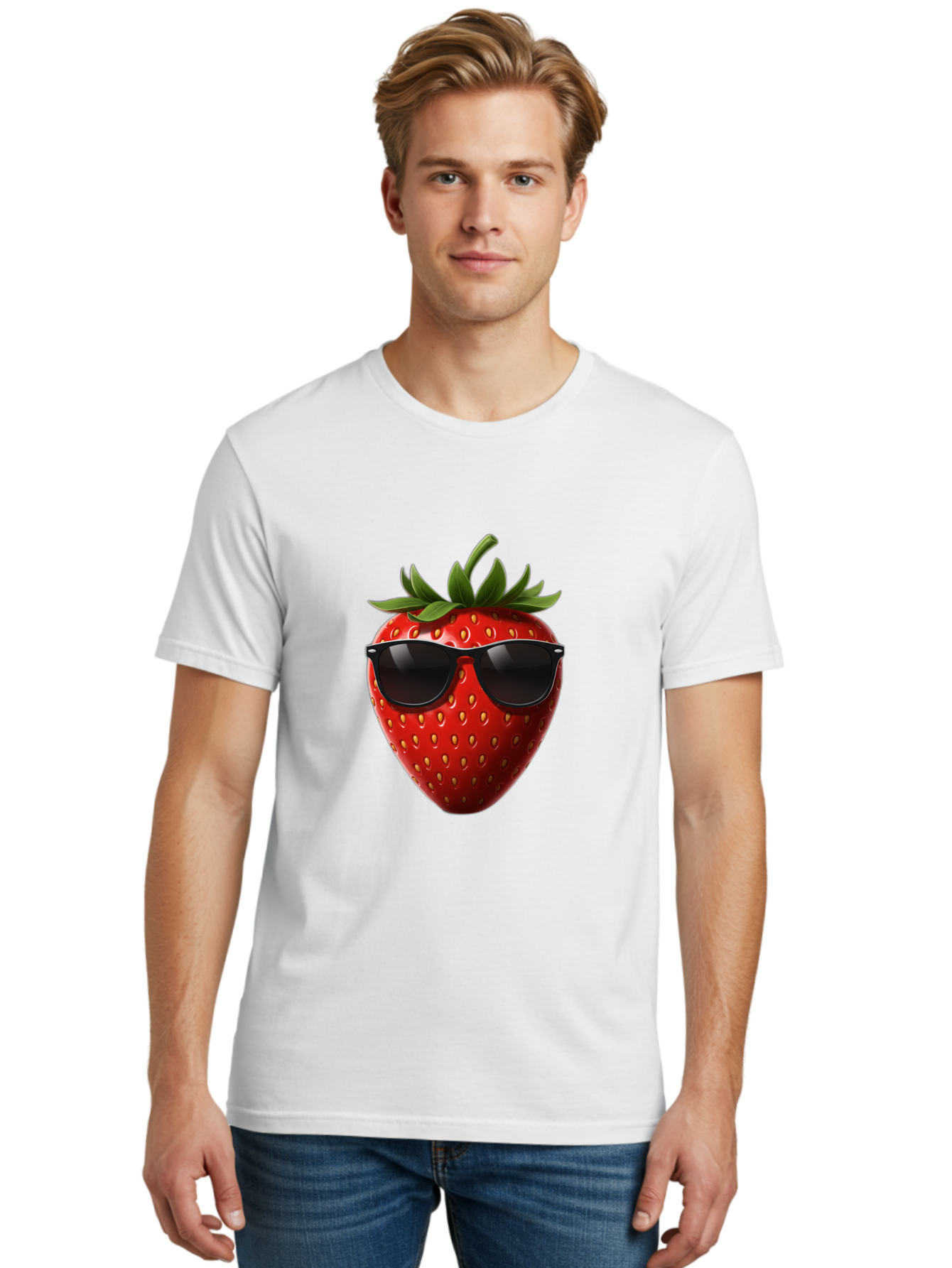 Strawberry-Sunglasses-1 Men'S Graphic Tee, 100% Cotton, Comfortable Casual Summer Wear, Machine Washable, Strawberry Wearing Sunglasses, Cool Fruit, Funny Illustration, Trendy Design, Summer Vibes, Red Strawberry, Sunglasses Style, Bac486