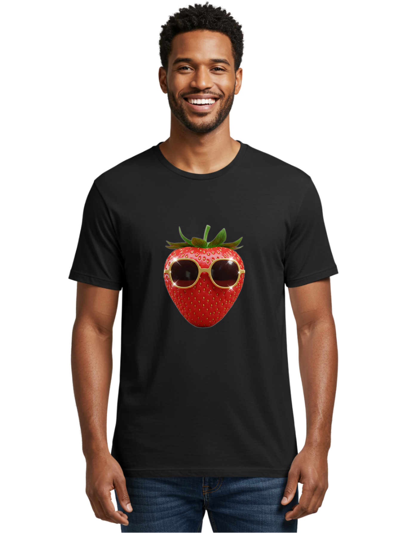 Strawberry-Sunglasses-2 Men'S Graphic Tee, 100% Cotton, Comfortable Casual Summer Wear, Machine Washable, Strawberry Wearing Sunglasses, Funny Fruit, Quirky Character, Red Strawberries, Cool Shades, Fresh Produce, Playful Vibe, Summer Fun Bac487