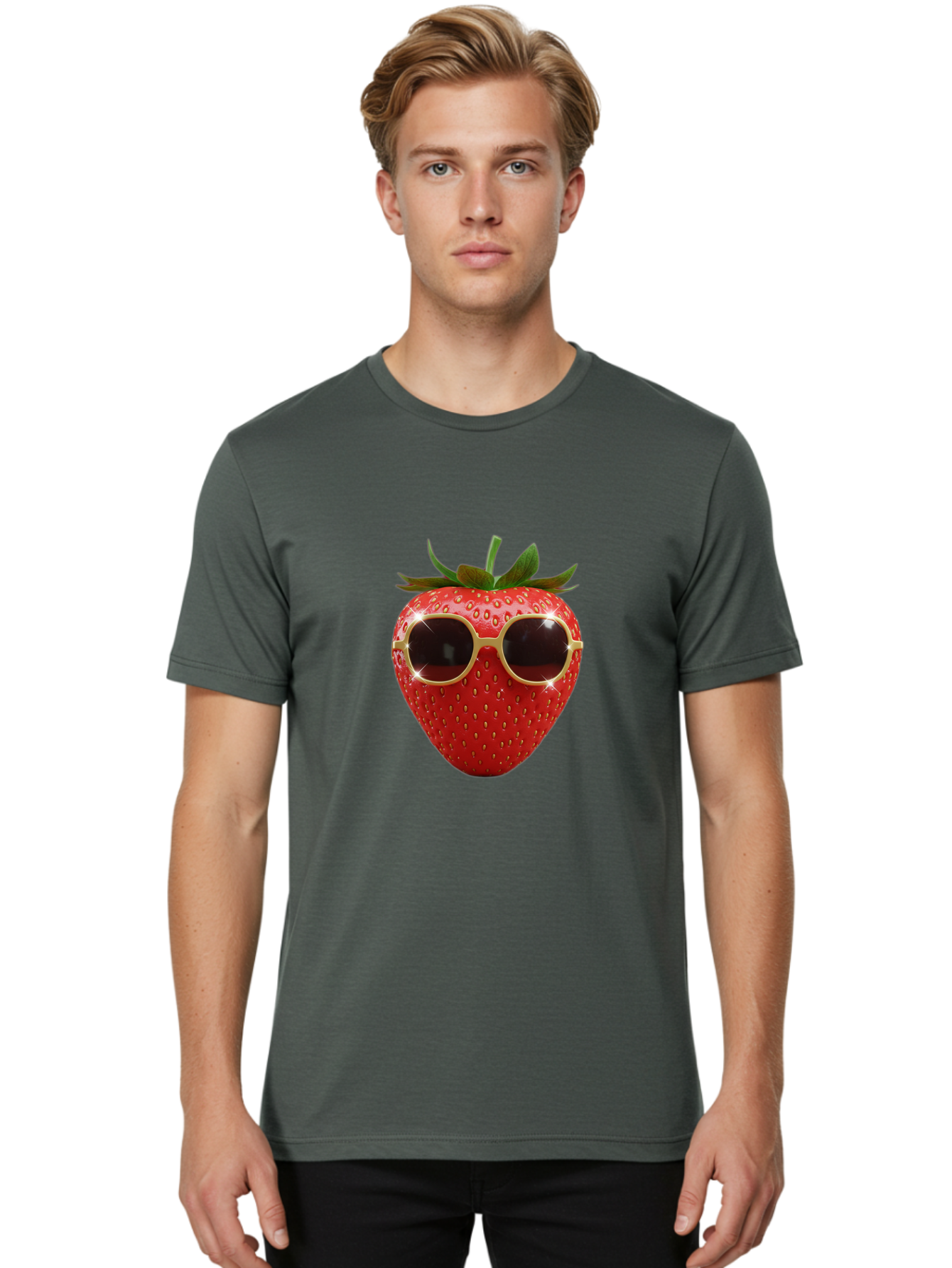 Strawberry-Sunglasses-2 Men'S Graphic Tee, 100% Cotton, Comfortable Casual Summer Wear, Machine Washable, Strawberry Wearing Sunglasses, Funny Fruit, Quirky Character, Red Strawberries, Cool Shades, Fresh Produce, Playful Vibe, Summer Fun Bac487