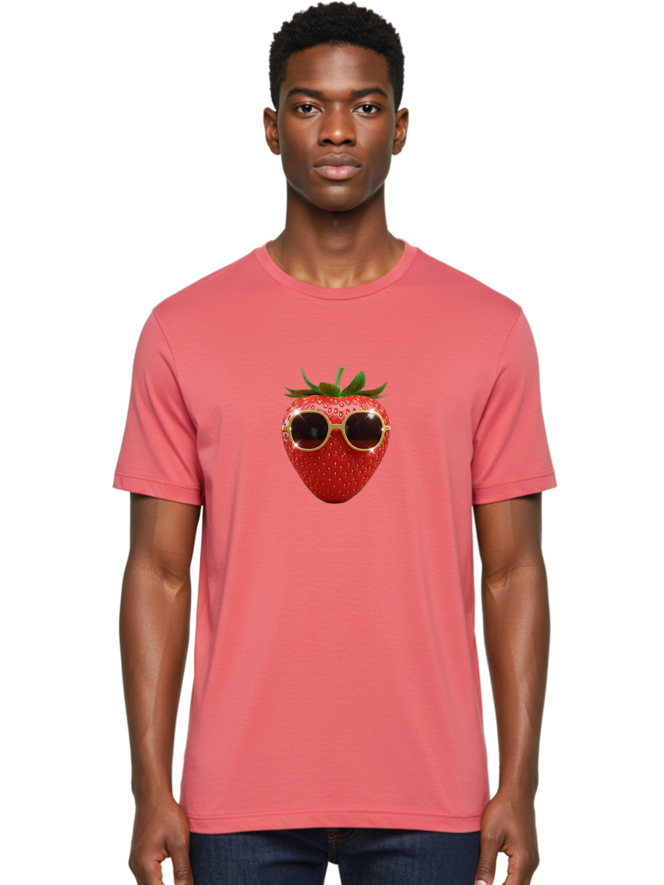 Strawberry-Sunglasses-2 Men'S Graphic Tee, 100% Cotton, Comfortable Casual Summer Wear, Machine Washable, Strawberry Wearing Sunglasses, Funny Fruit, Quirky Character, Red Strawberries, Cool Shades, Fresh Produce, Playful Vibe, Summer Fun Bac487