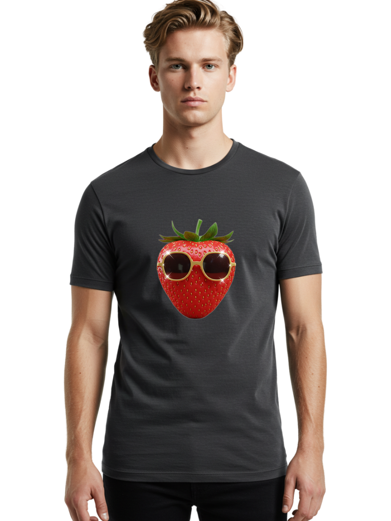 Strawberry-Sunglasses-2 Men'S Graphic Tee, 100% Cotton, Comfortable Casual Summer Wear, Machine Washable, Strawberry Wearing Sunglasses, Funny Fruit, Quirky Character, Red Strawberries, Cool Shades, Fresh Produce, Playful Vibe, Summer Fun Bac487