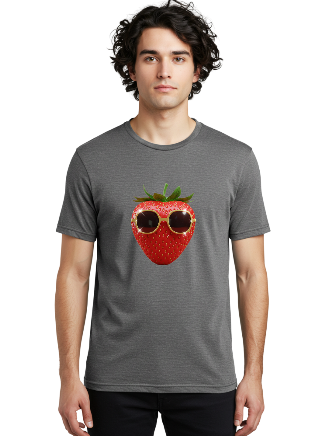 Strawberry-Sunglasses-2 Men'S Graphic Tee, 100% Cotton, Comfortable Casual Summer Wear, Machine Washable, Strawberry Wearing Sunglasses, Funny Fruit, Quirky Character, Red Strawberries, Cool Shades, Fresh Produce, Playful Vibe, Summer Fun Bac487