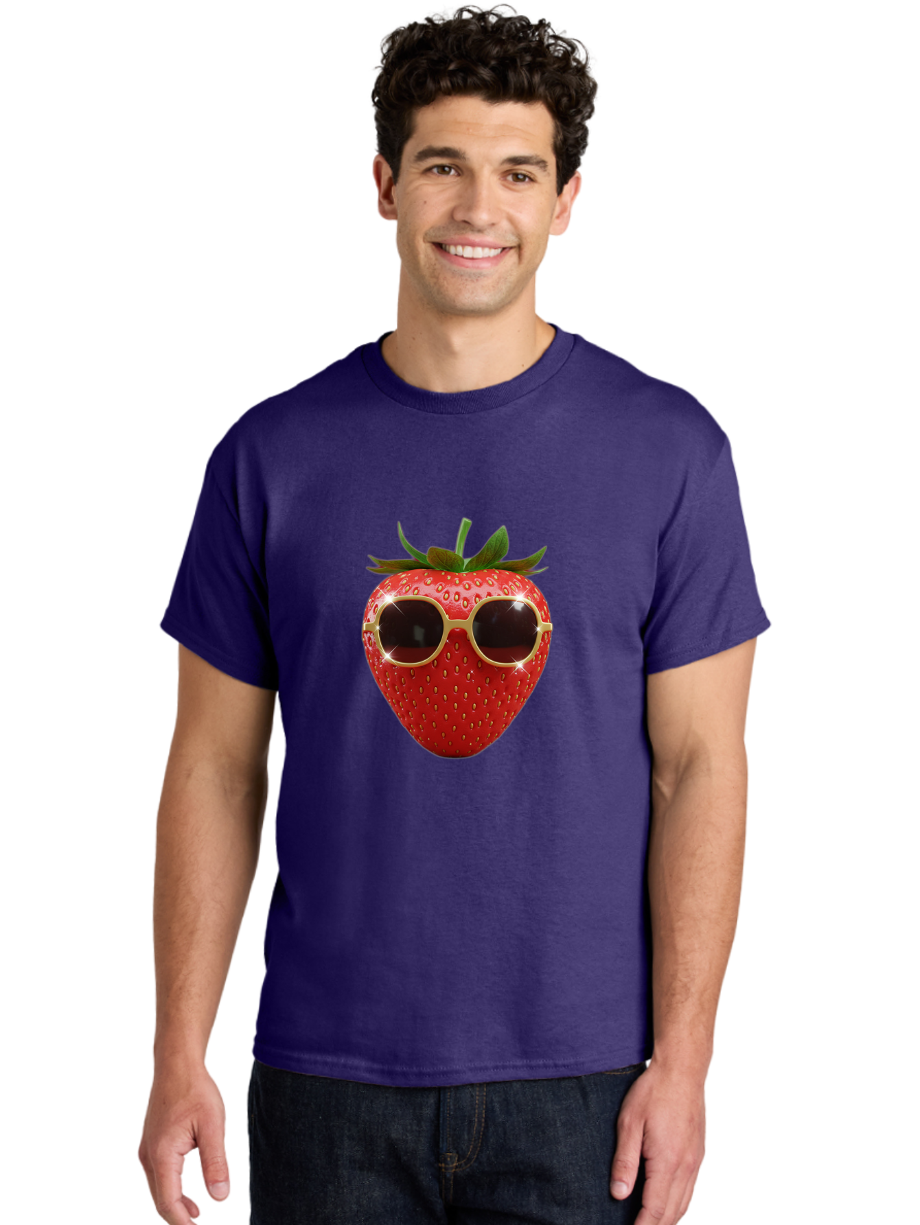 Strawberry-Sunglasses-2 Men'S Graphic Tee, 100% Cotton, Comfortable Casual Summer Wear, Machine Washable, Strawberry Wearing Sunglasses, Funny Fruit, Quirky Character, Red Strawberries, Cool Shades, Fresh Produce, Playful Vibe, Summer Fun Bac487