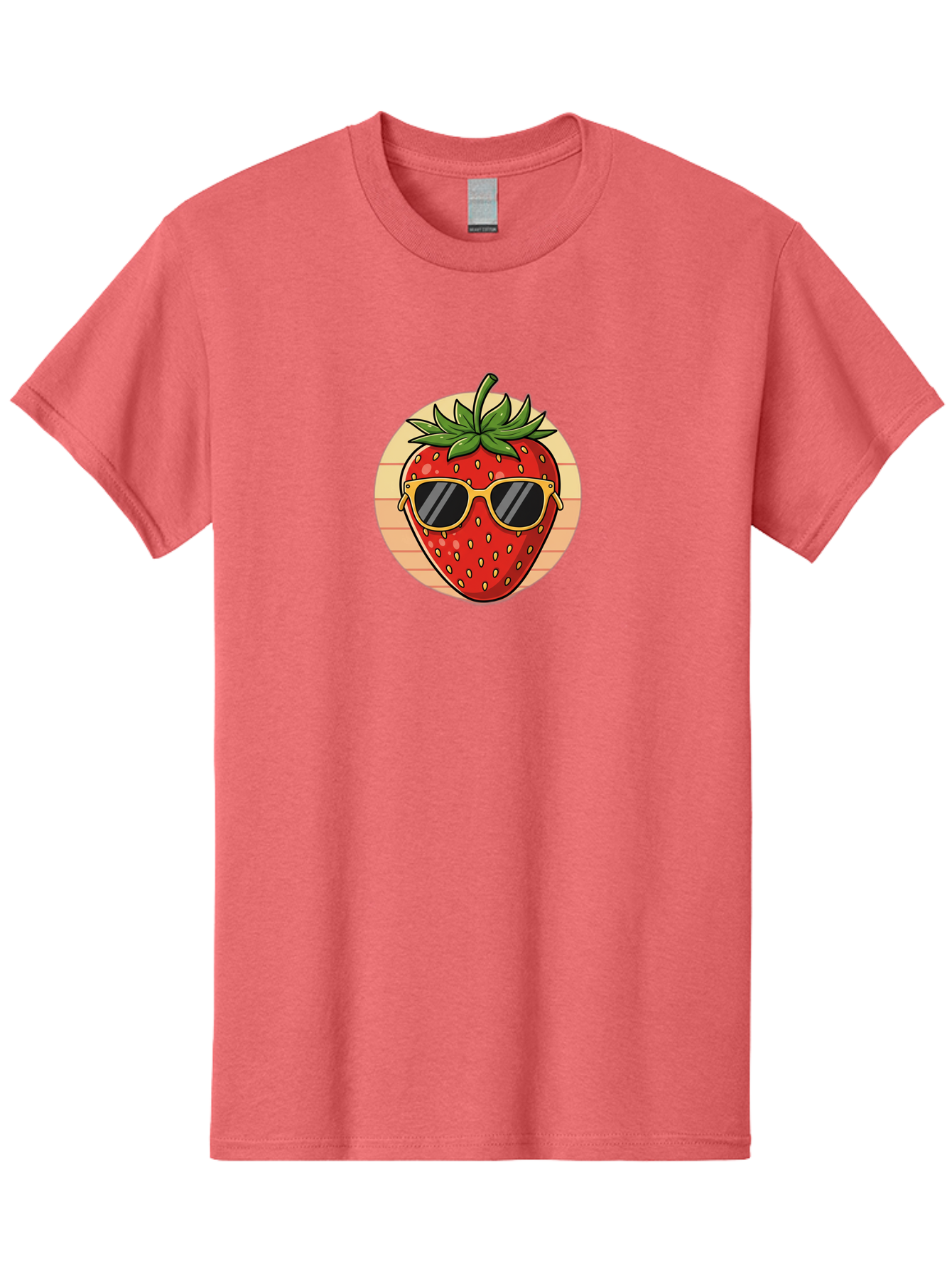 Strawberry-Sunglasses-3 Men'S Graphic Tee, 100% Cotton, Comfortable Casual Summer Wear, Machine Washable, Summer Fruit, Cool Strawberry, Yellow Sunglasses, Trendy Design, Red Fruit, Green Leaves, Cartoon Character, Fun Illustration, Bac488