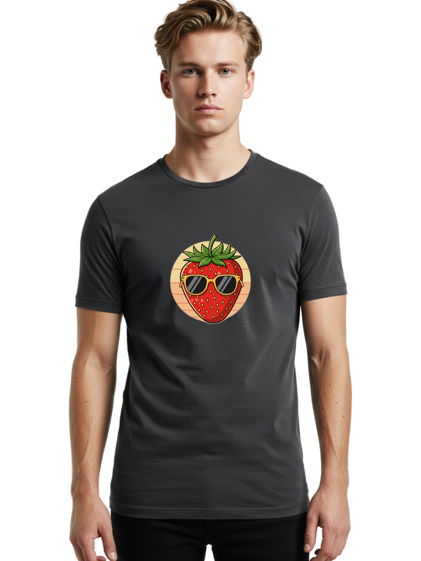 Strawberry-Sunglasses-3 Men'S Graphic Tee, 100% Cotton, Comfortable Casual Summer Wear, Machine Washable, Summer Fruit, Cool Strawberry, Yellow Sunglasses, Trendy Design, Red Fruit, Green Leaves, Cartoon Character, Fun Illustration, Bac488