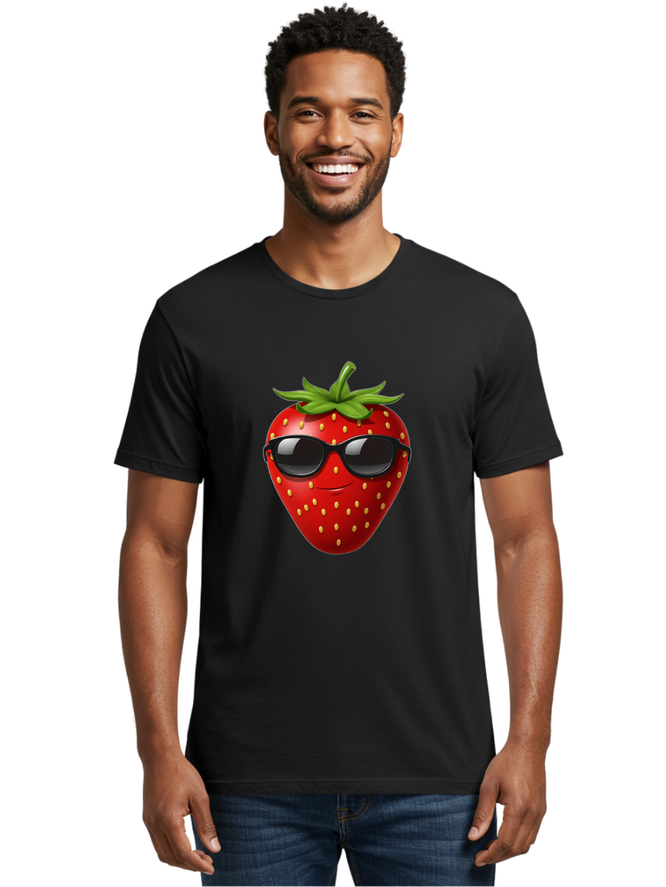 Strawberry-Sunglasses Men'S Graphic Tee, 100% Cotton, Comfortable Casual Summer Wear, Machine Washable, Strawberry Wearing Sunglasses, Cool Strawberry, Fruit Character, Smiling Face, Black Shades, Yellow Seeds, Cartoon Style, Fun Design, Bac489