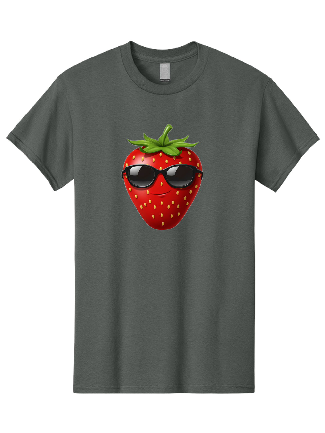 Strawberry-Sunglasses Men'S Graphic Tee, 100% Cotton, Comfortable Casual Summer Wear, Machine Washable, Strawberry Wearing Sunglasses, Cool Strawberry, Fruit Character, Smiling Face, Black Shades, Yellow Seeds, Cartoon Style, Fun Design, Bac489