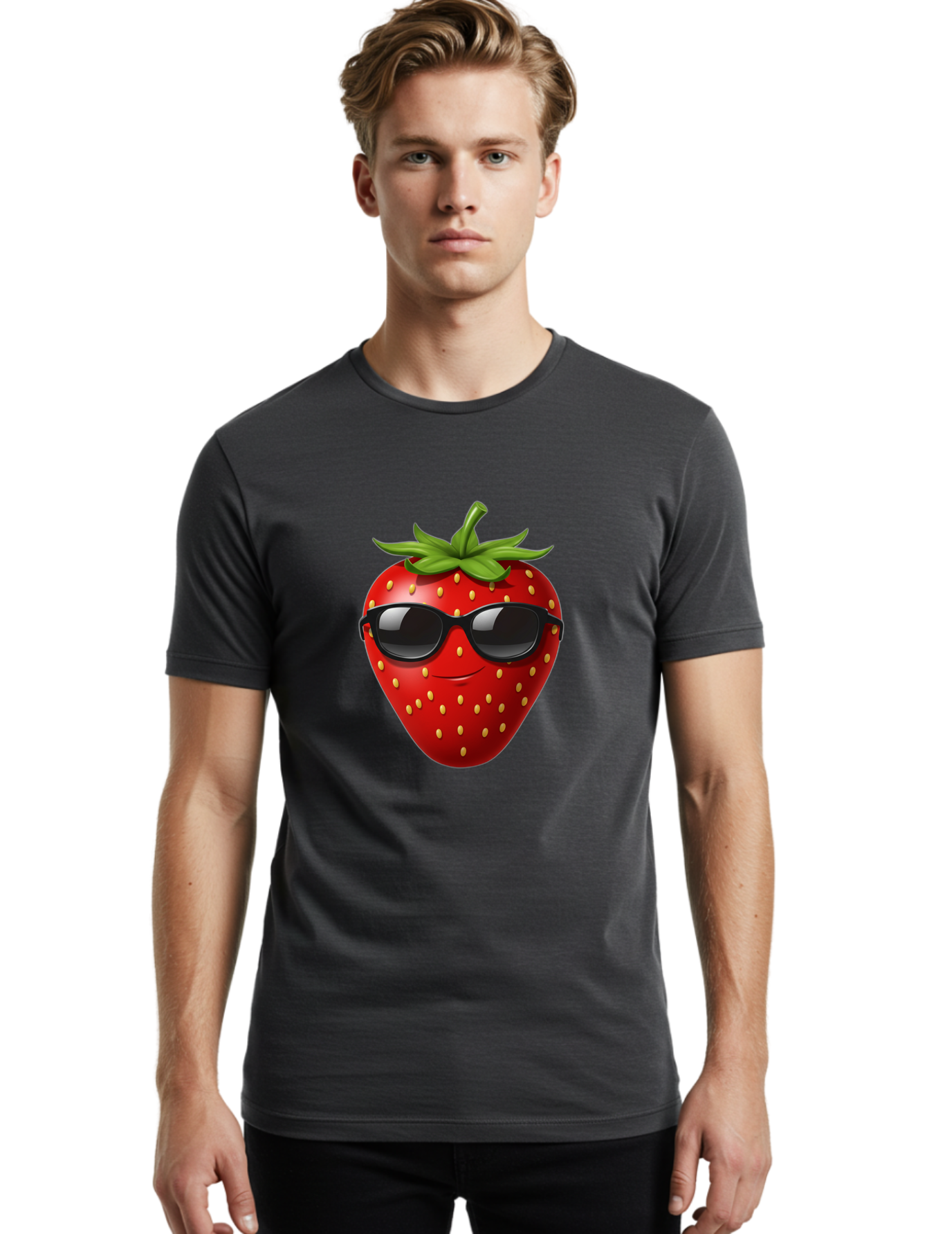 Strawberry-Sunglasses Men'S Graphic Tee, 100% Cotton, Comfortable Casual Summer Wear, Machine Washable, Strawberry Wearing Sunglasses, Cool Strawberry, Fruit Character, Smiling Face, Black Shades, Yellow Seeds, Cartoon Style, Fun Design, Bac489