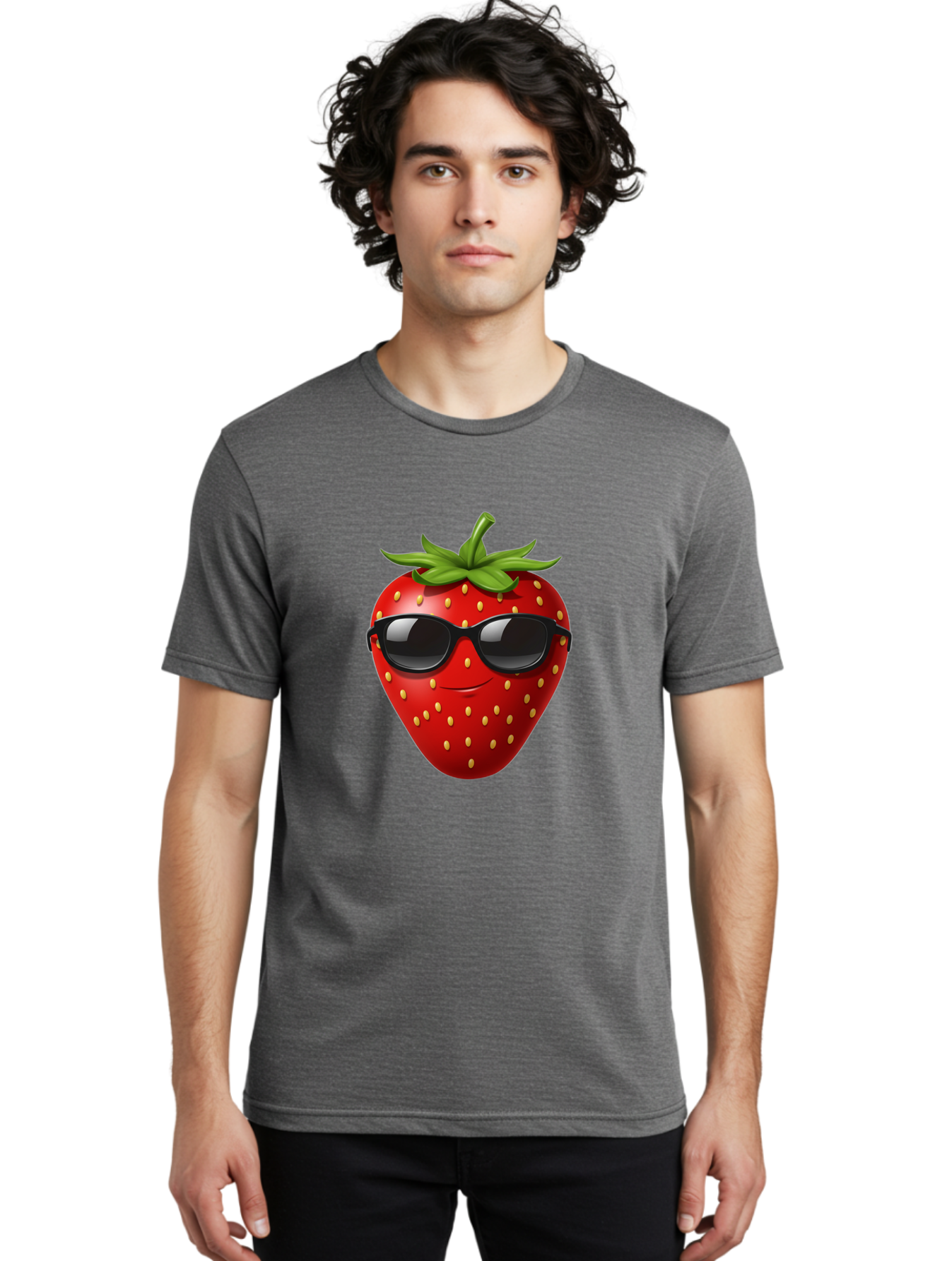 Strawberry-Sunglasses Men'S Graphic Tee, 100% Cotton, Comfortable Casual Summer Wear, Machine Washable, Strawberry Wearing Sunglasses, Cool Strawberry, Fruit Character, Smiling Face, Black Shades, Yellow Seeds, Cartoon Style, Fun Design, Bac489