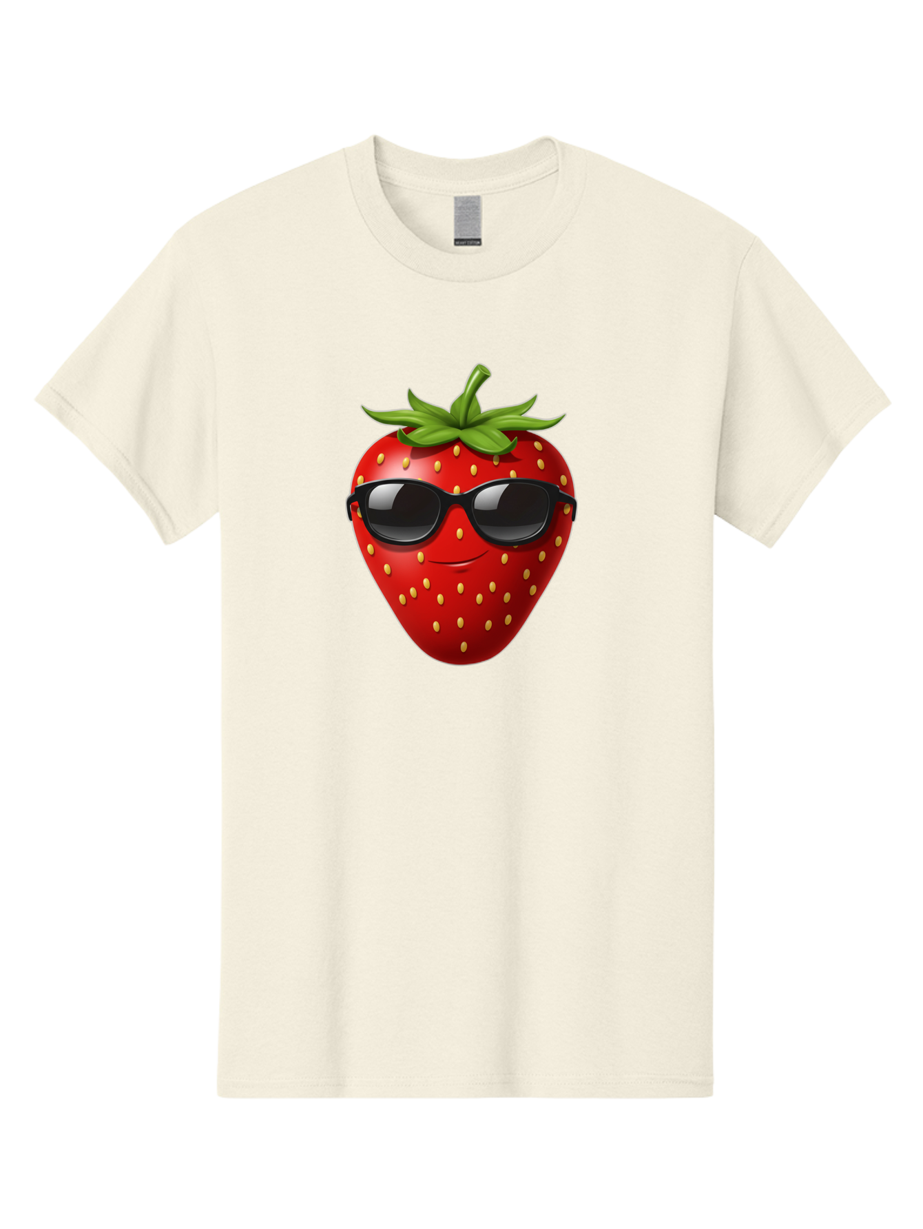 Strawberry-Sunglasses Men'S Graphic Tee, 100% Cotton, Comfortable Casual Summer Wear, Machine Washable, Strawberry Wearing Sunglasses, Cool Strawberry, Fruit Character, Smiling Face, Black Shades, Yellow Seeds, Cartoon Style, Fun Design, Bac489