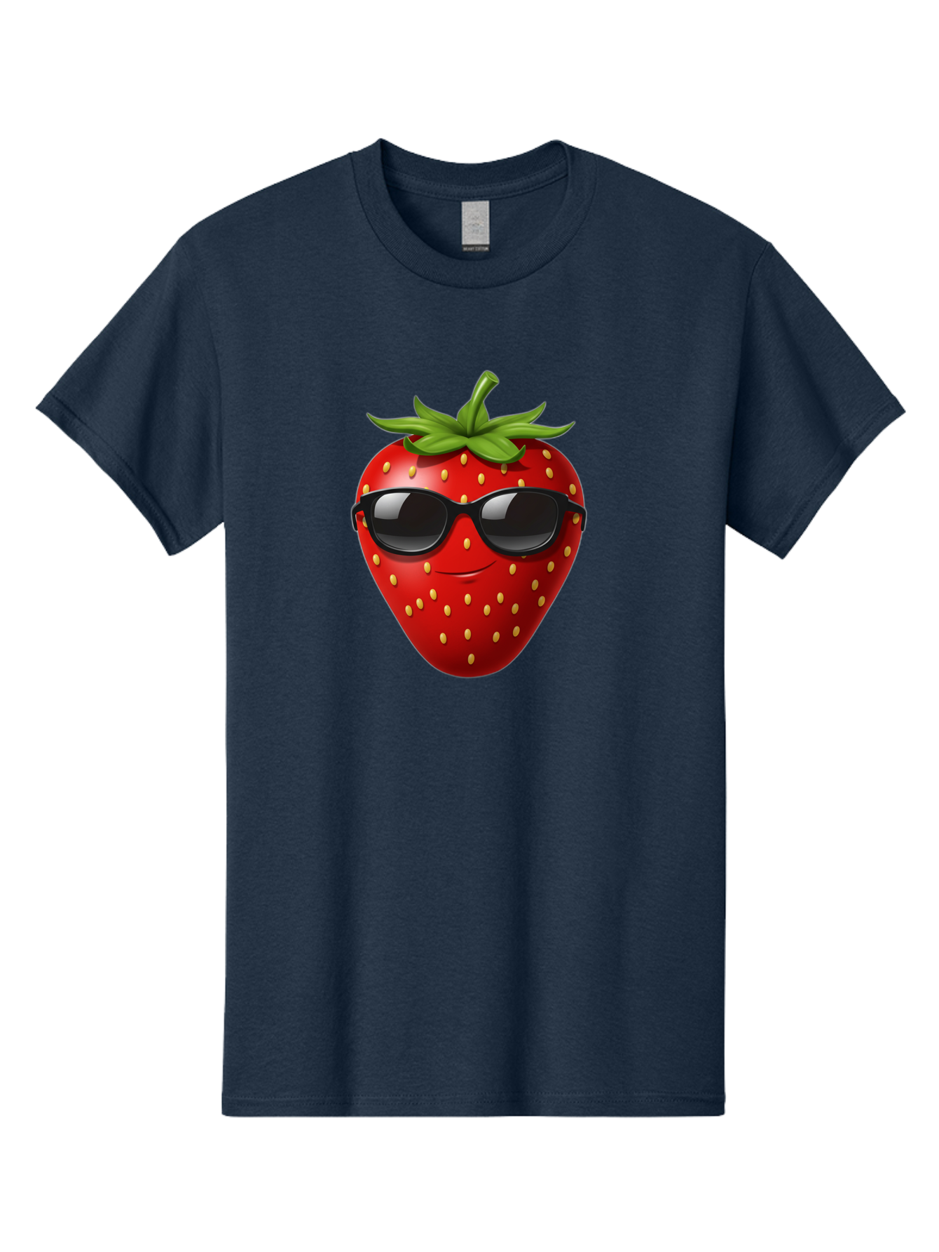 Strawberry-Sunglasses Men'S Graphic Tee, 100% Cotton, Comfortable Casual Summer Wear, Machine Washable, Strawberry Wearing Sunglasses, Cool Strawberry, Fruit Character, Smiling Face, Black Shades, Yellow Seeds, Cartoon Style, Fun Design, Bac489
