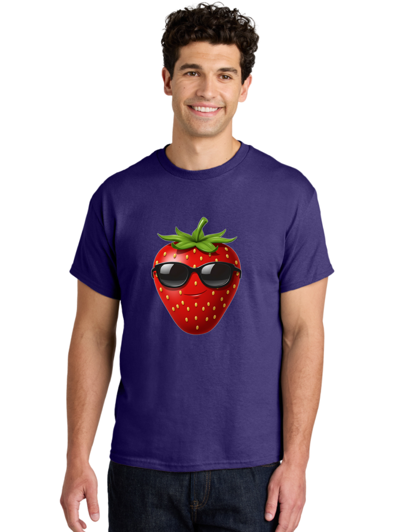 Strawberry-Sunglasses Men'S Graphic Tee, 100% Cotton, Comfortable Casual Summer Wear, Machine Washable, Strawberry Wearing Sunglasses, Cool Strawberry, Fruit Character, Smiling Face, Black Shades, Yellow Seeds, Cartoon Style, Fun Design, Bac489