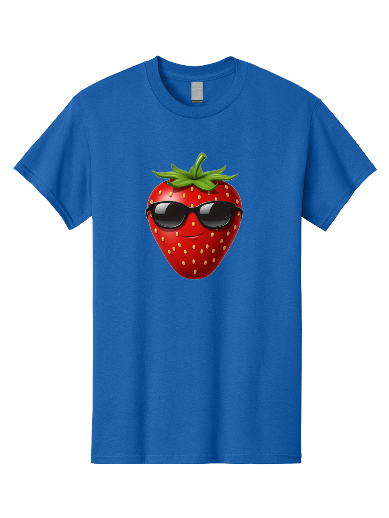 Strawberry-Sunglasses Men'S Graphic Tee, 100% Cotton, Comfortable Casual Summer Wear, Machine Washable, Strawberry Wearing Sunglasses, Cool Strawberry, Fruit Character, Smiling Face, Black Shades, Yellow Seeds, Cartoon Style, Fun Design, Bac489