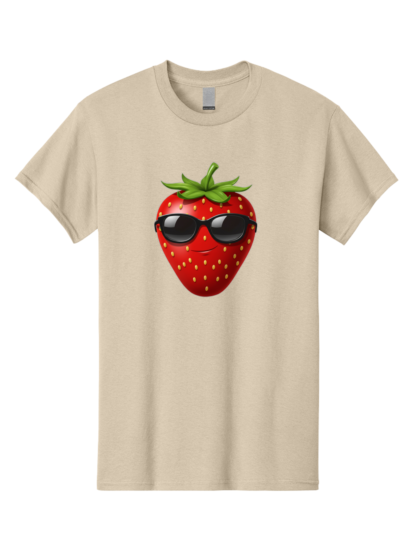 Strawberry-Sunglasses Men'S Graphic Tee, 100% Cotton, Comfortable Casual Summer Wear, Machine Washable, Strawberry Wearing Sunglasses, Cool Strawberry, Fruit Character, Smiling Face, Black Shades, Yellow Seeds, Cartoon Style, Fun Design, Bac489