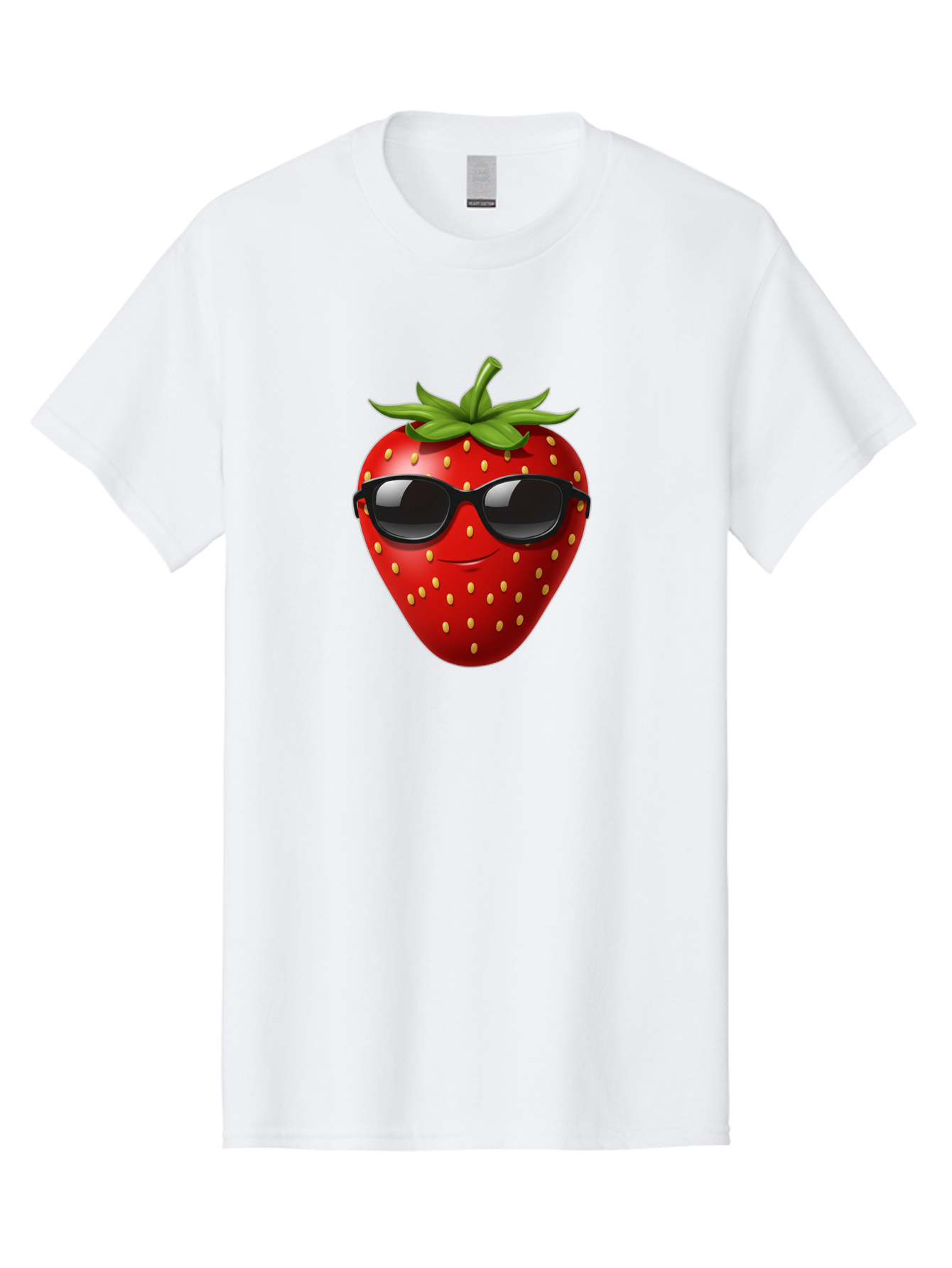 Strawberry-Sunglasses Men'S Graphic Tee, 100% Cotton, Comfortable Casual Summer Wear, Machine Washable, Strawberry Wearing Sunglasses, Cool Strawberry, Fruit Character, Smiling Face, Black Shades, Yellow Seeds, Cartoon Style, Fun Design, Bac489