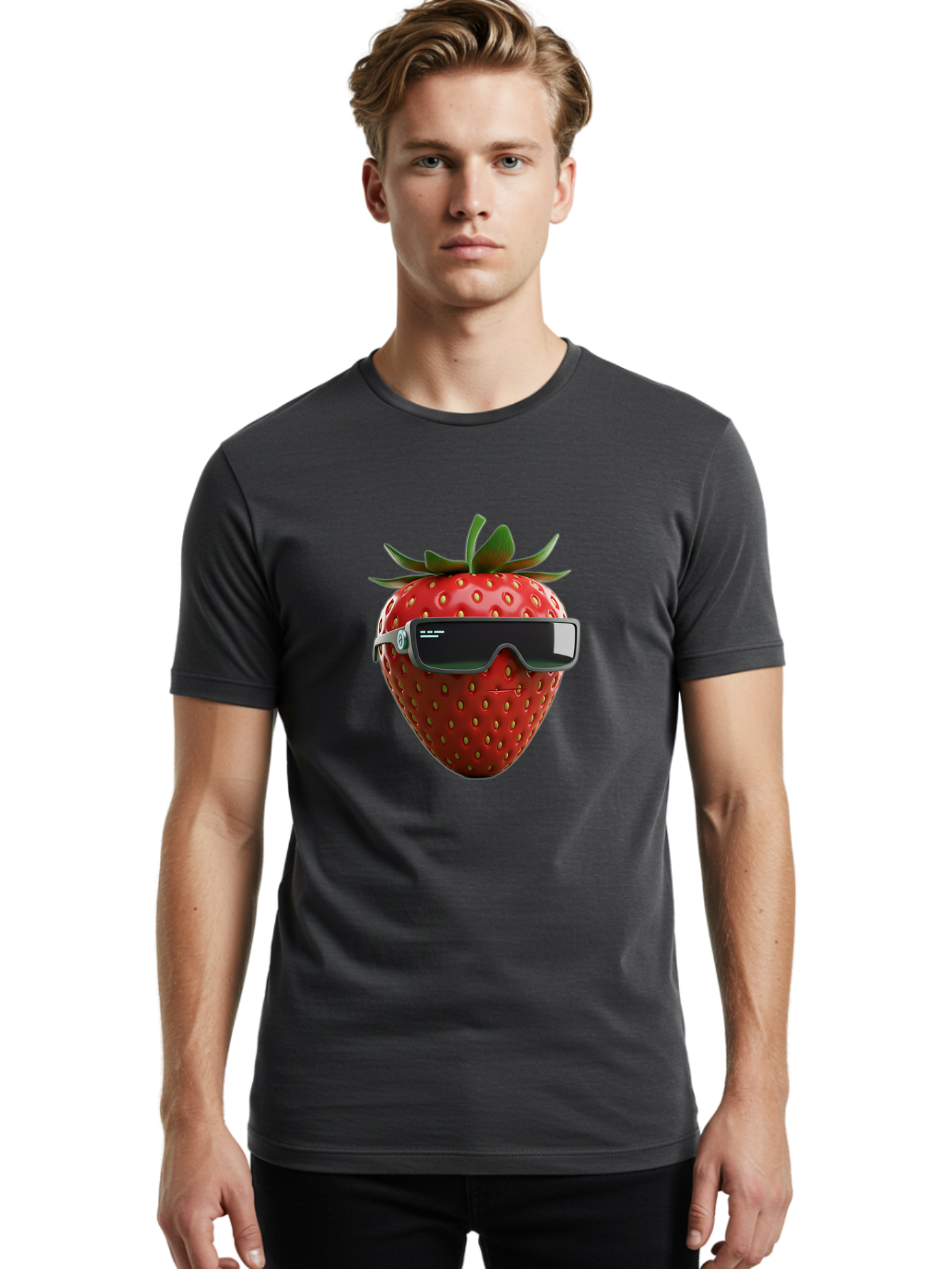Strawberry-Virtual-Reality-Headset Men'S Graphic Tee, 100% Cotton, Comfortable Casual Summer Wear, Machine Washable, Strawberry Wearing Vr Headset, Futuristic Fruit, Virtual Reality, Augmented Reality, Tech-Savvy Strawberry, Innovative Design, Bac491