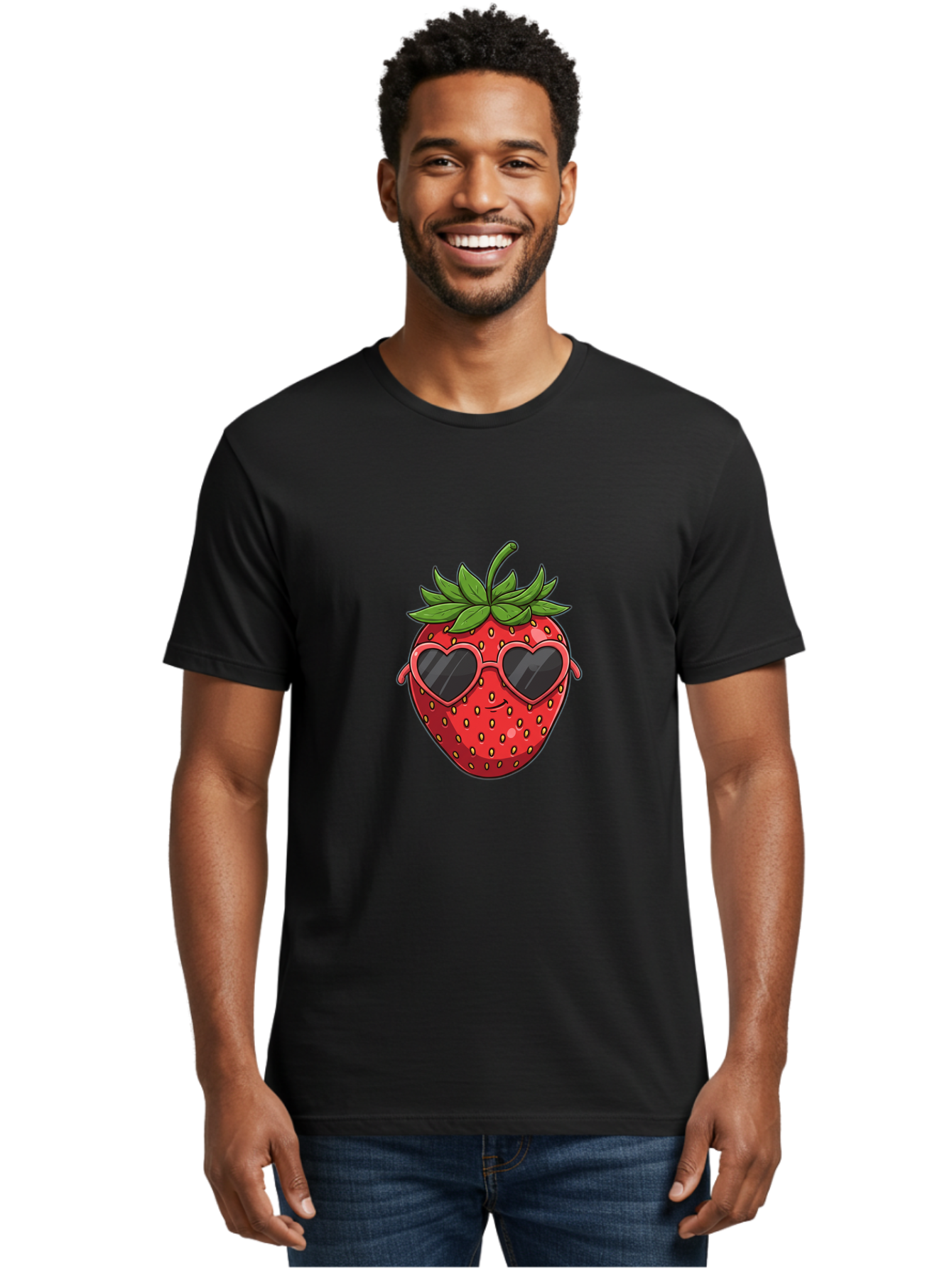Strawberry-With-Heart-Sunglasses Men'S Graphic Tee, 100% Cotton, Comfortable Casual Summer Wear, Machine Washable, Strawberry With Sunglasses, Cool Strawberry, Heart-Shaped Shades, Trendy Fruit, Vibrant Red, Smiling Face, Summer Vibe, Bac492