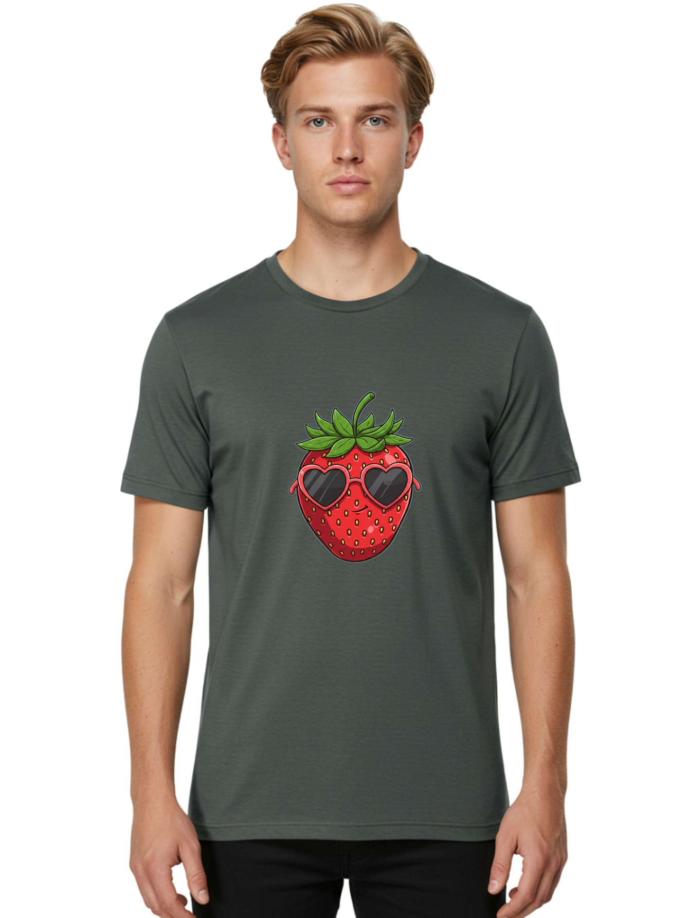 Strawberry-With-Heart-Sunglasses Men'S Graphic Tee, 100% Cotton, Comfortable Casual Summer Wear, Machine Washable, Strawberry With Sunglasses, Cool Strawberry, Heart-Shaped Shades, Trendy Fruit, Vibrant Red, Smiling Face, Summer Vibe, Bac492
