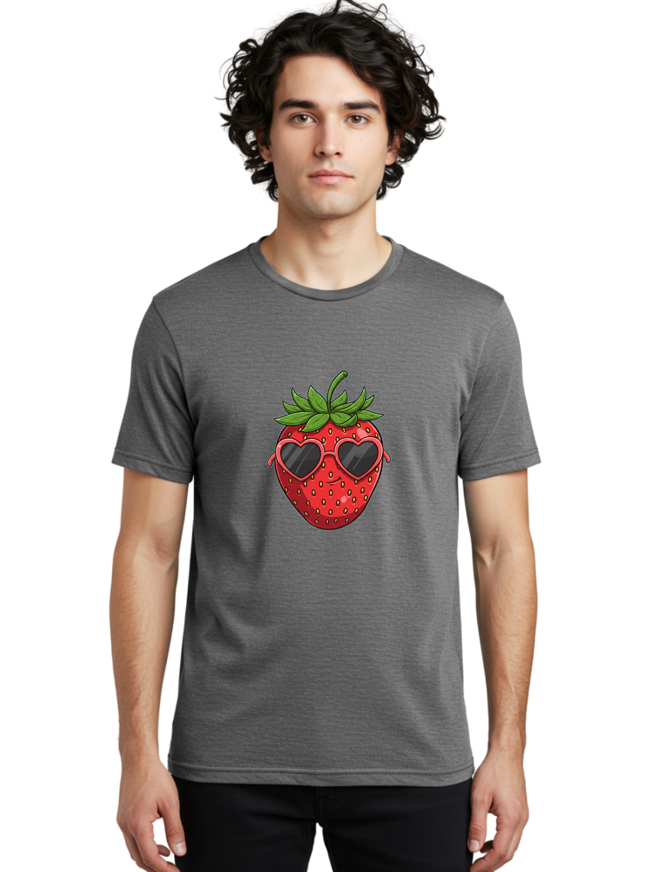 Strawberry-With-Heart-Sunglasses Men'S Graphic Tee, 100% Cotton, Comfortable Casual Summer Wear, Machine Washable, Strawberry With Sunglasses, Cool Strawberry, Heart-Shaped Shades, Trendy Fruit, Vibrant Red, Smiling Face, Summer Vibe, Bac492