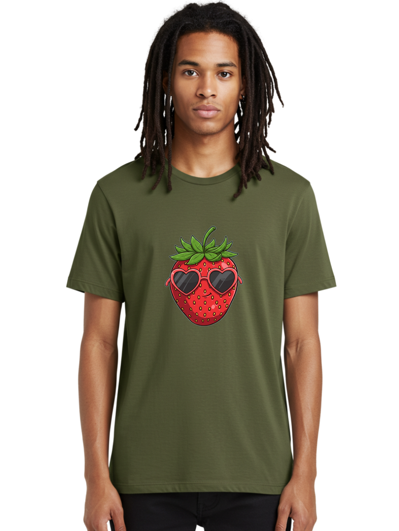 Strawberry-With-Heart-Sunglasses Men'S Graphic Tee, 100% Cotton, Comfortable Casual Summer Wear, Machine Washable, Strawberry With Sunglasses, Cool Strawberry, Heart-Shaped Shades, Trendy Fruit, Vibrant Red, Smiling Face, Summer Vibe, Bac492