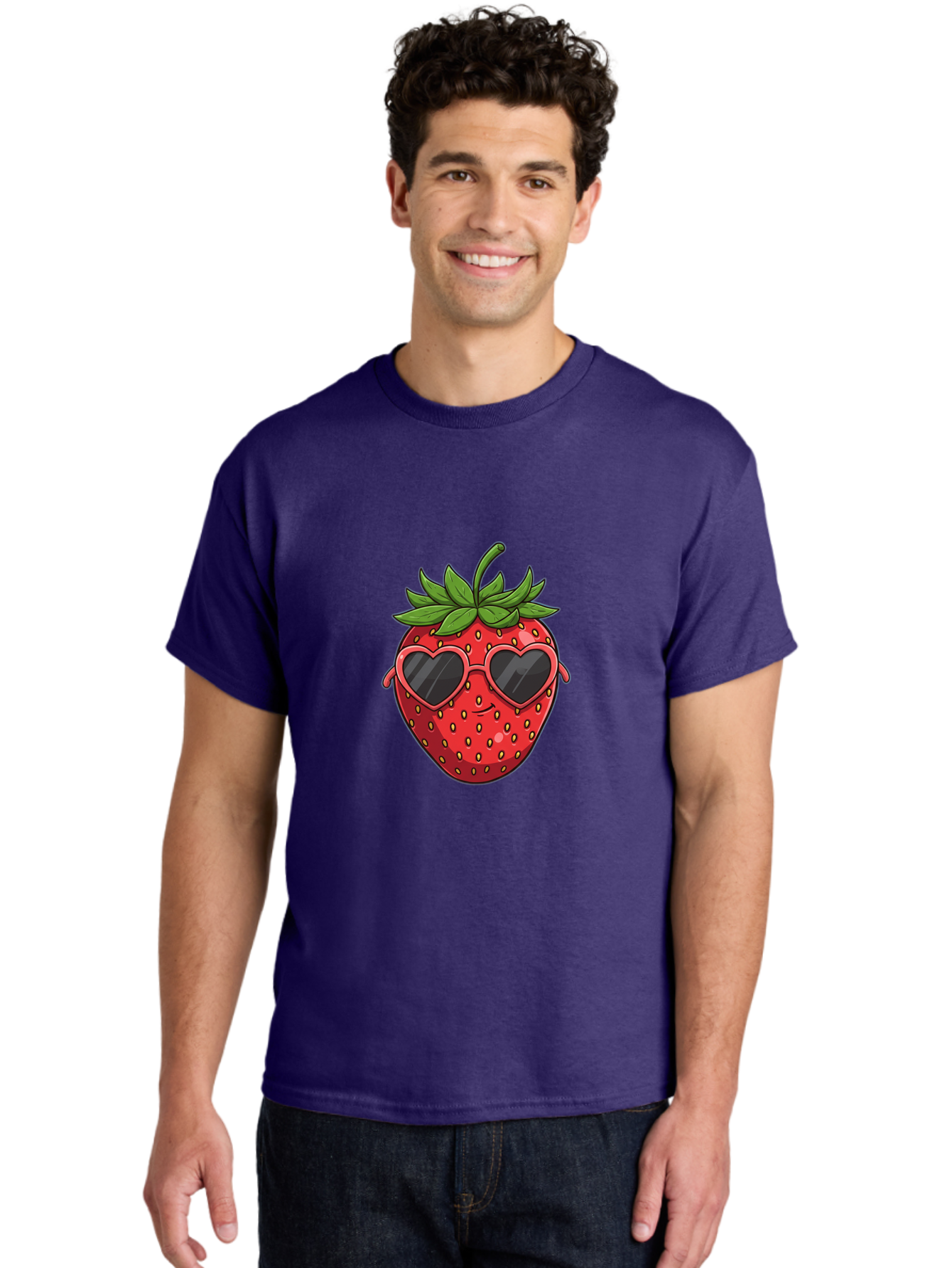 Strawberry-With-Heart-Sunglasses Men'S Graphic Tee, 100% Cotton, Comfortable Casual Summer Wear, Machine Washable, Strawberry With Sunglasses, Cool Strawberry, Heart-Shaped Shades, Trendy Fruit, Vibrant Red, Smiling Face, Summer Vibe, Bac492