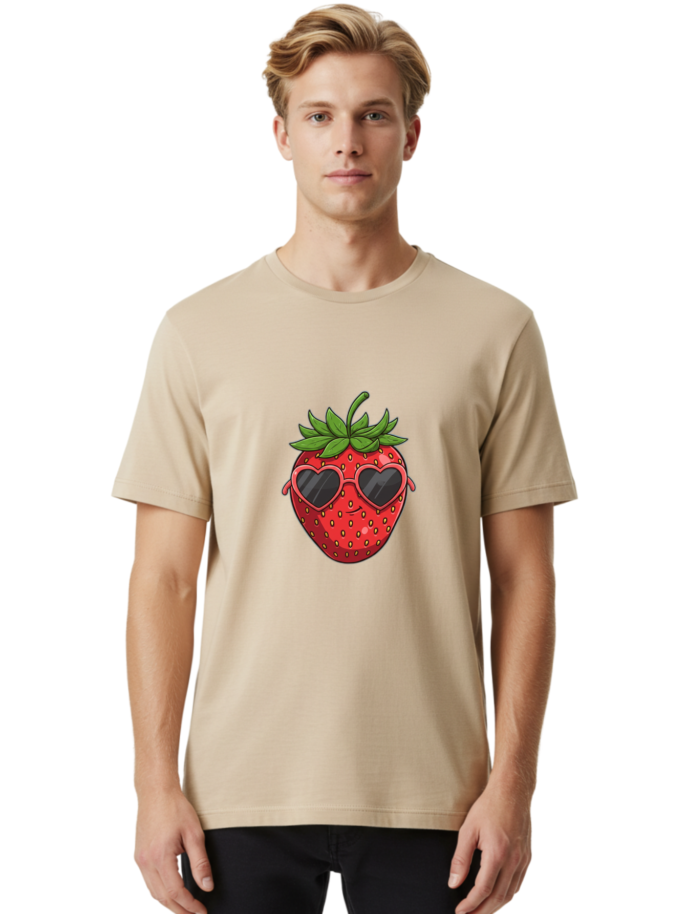 Strawberry-With-Heart-Sunglasses Men'S Graphic Tee, 100% Cotton, Comfortable Casual Summer Wear, Machine Washable, Strawberry With Sunglasses, Cool Strawberry, Heart-Shaped Shades, Trendy Fruit, Vibrant Red, Smiling Face, Summer Vibe, Bac492
