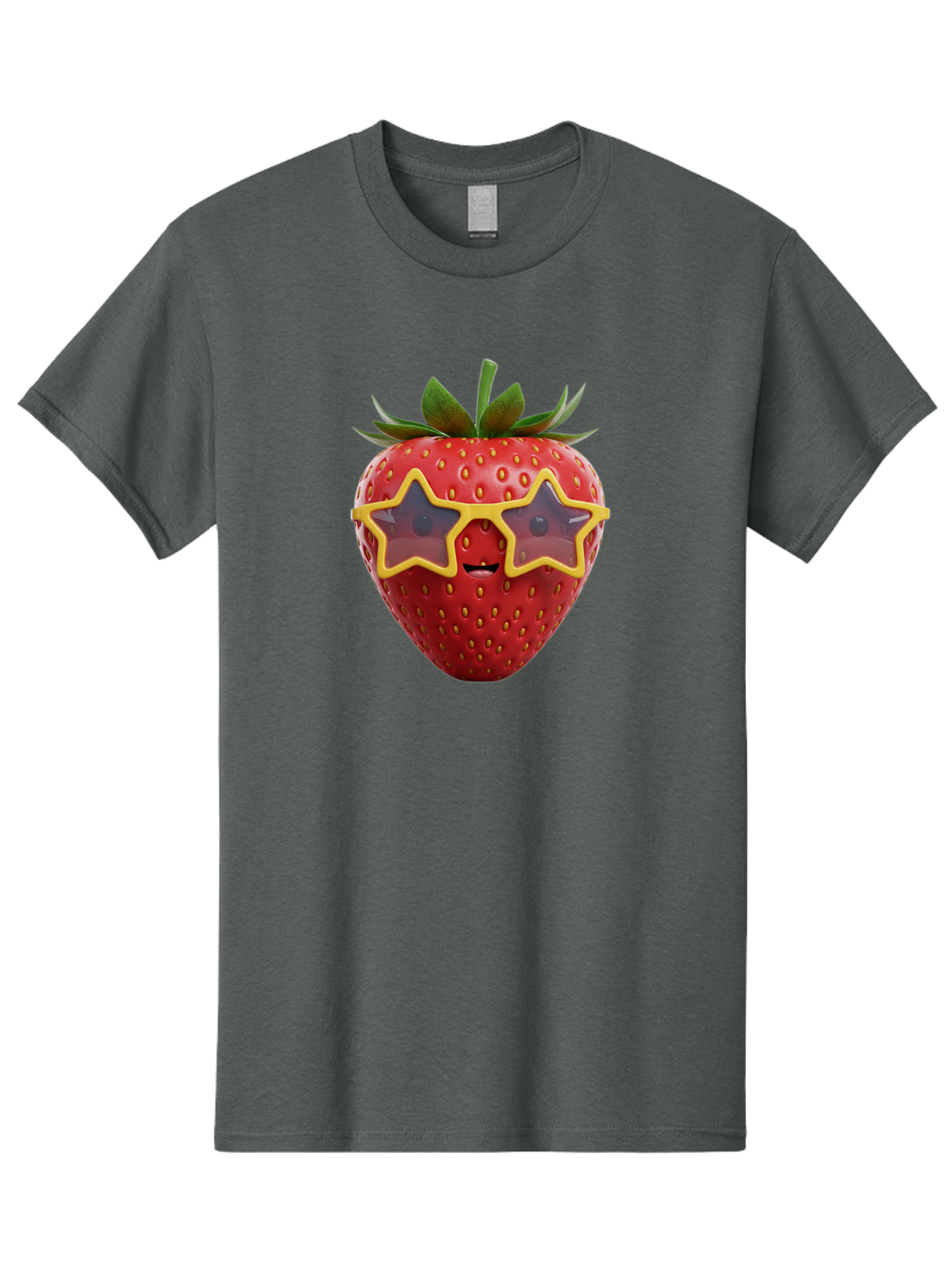Strawberry-With-Shades Men'S Graphic Tee, 100% Cotton, Comfortable Casual Summer Wear, Machine Washable, Strawberry Wearing Sunglasses, Star-Shaped Shades, Cartoon Character, Fruit Illustration, Vibrant Red, Fun And Quirky, Playful Design, Bac493