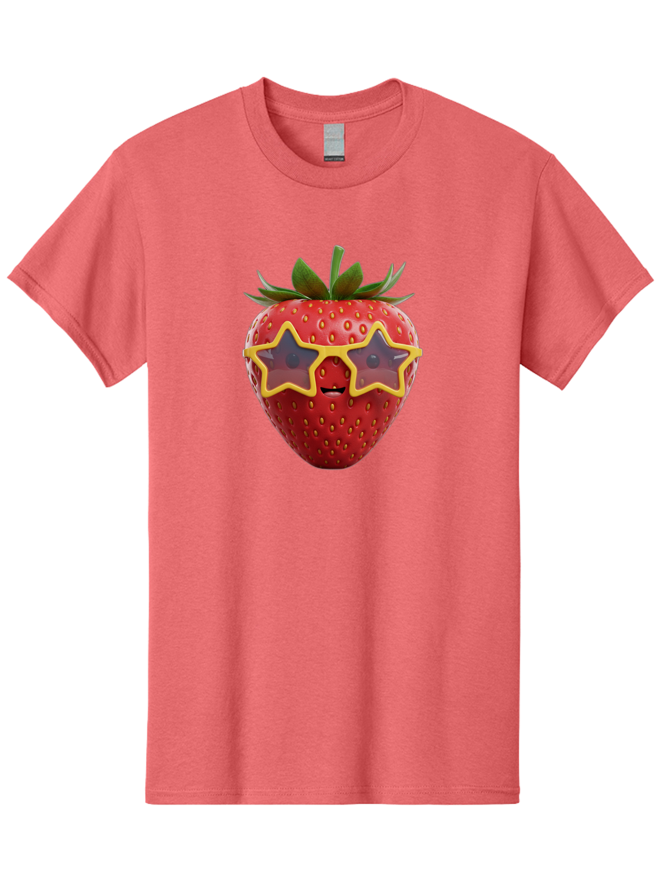 Strawberry-With-Shades Men'S Graphic Tee, 100% Cotton, Comfortable Casual Summer Wear, Machine Washable, Strawberry Wearing Sunglasses, Star-Shaped Shades, Cartoon Character, Fruit Illustration, Vibrant Red, Fun And Quirky, Playful Design, Bac493