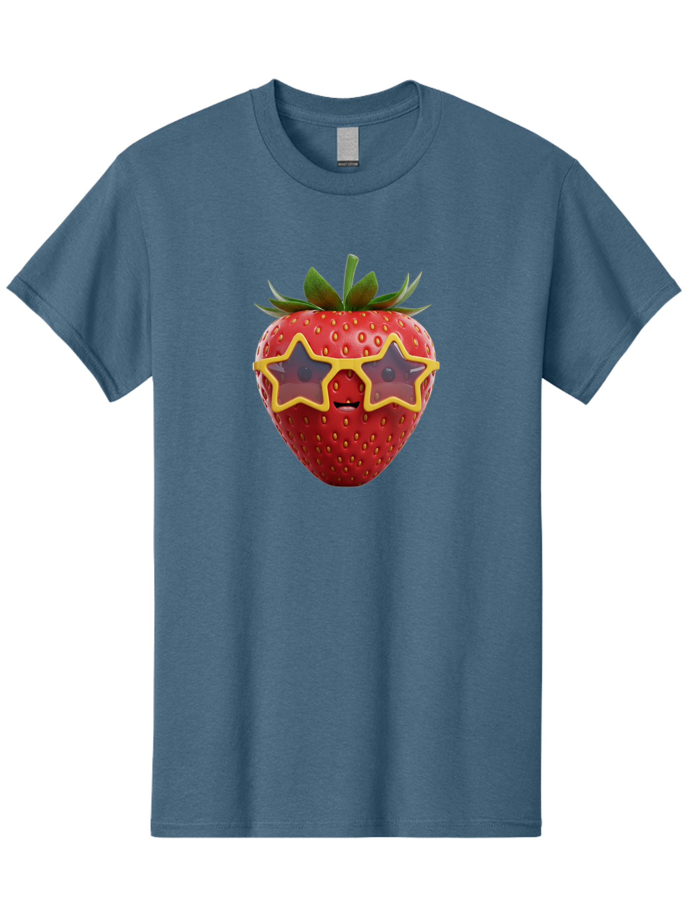 Strawberry-With-Shades Men'S Graphic Tee, 100% Cotton, Comfortable Casual Summer Wear, Machine Washable, Strawberry Wearing Sunglasses, Star-Shaped Shades, Cartoon Character, Fruit Illustration, Vibrant Red, Fun And Quirky, Playful Design, Bac493