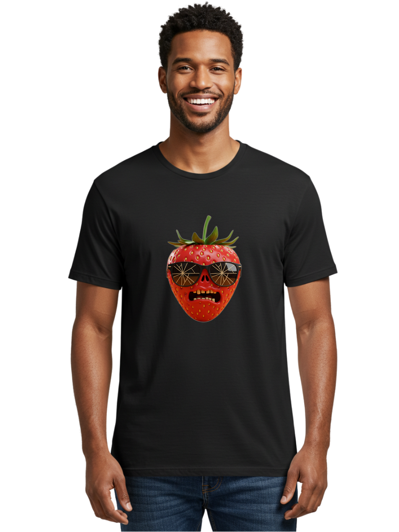 Strawberry-With-Sunglasses Men'S Graphic Tee, 100% Cotton, Comfortable Casual Summer Wear, Machine Washable, Strawberry With Sunglasses, Skull Face, Gold Teeth, Futuristic Design, Funky Fruit, Quirky Art, Pop Culture, Funny Character, Bac494
