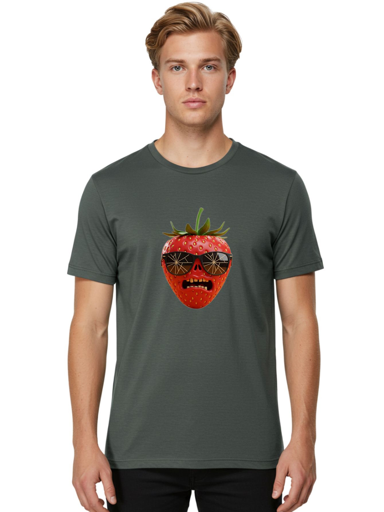 Strawberry-With-Sunglasses Men'S Graphic Tee, 100% Cotton, Comfortable Casual Summer Wear, Machine Washable, Strawberry With Sunglasses, Skull Face, Gold Teeth, Futuristic Design, Funky Fruit, Quirky Art, Pop Culture, Funny Character, Bac494